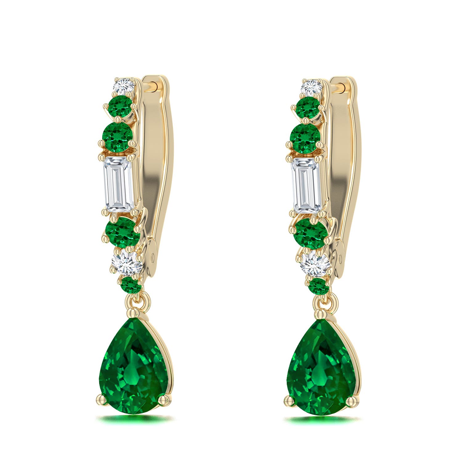 7x5mm Labgrown Pear Lab-Grown Emerald Hoop Drop Earrings with Accents in Yellow Gold - main