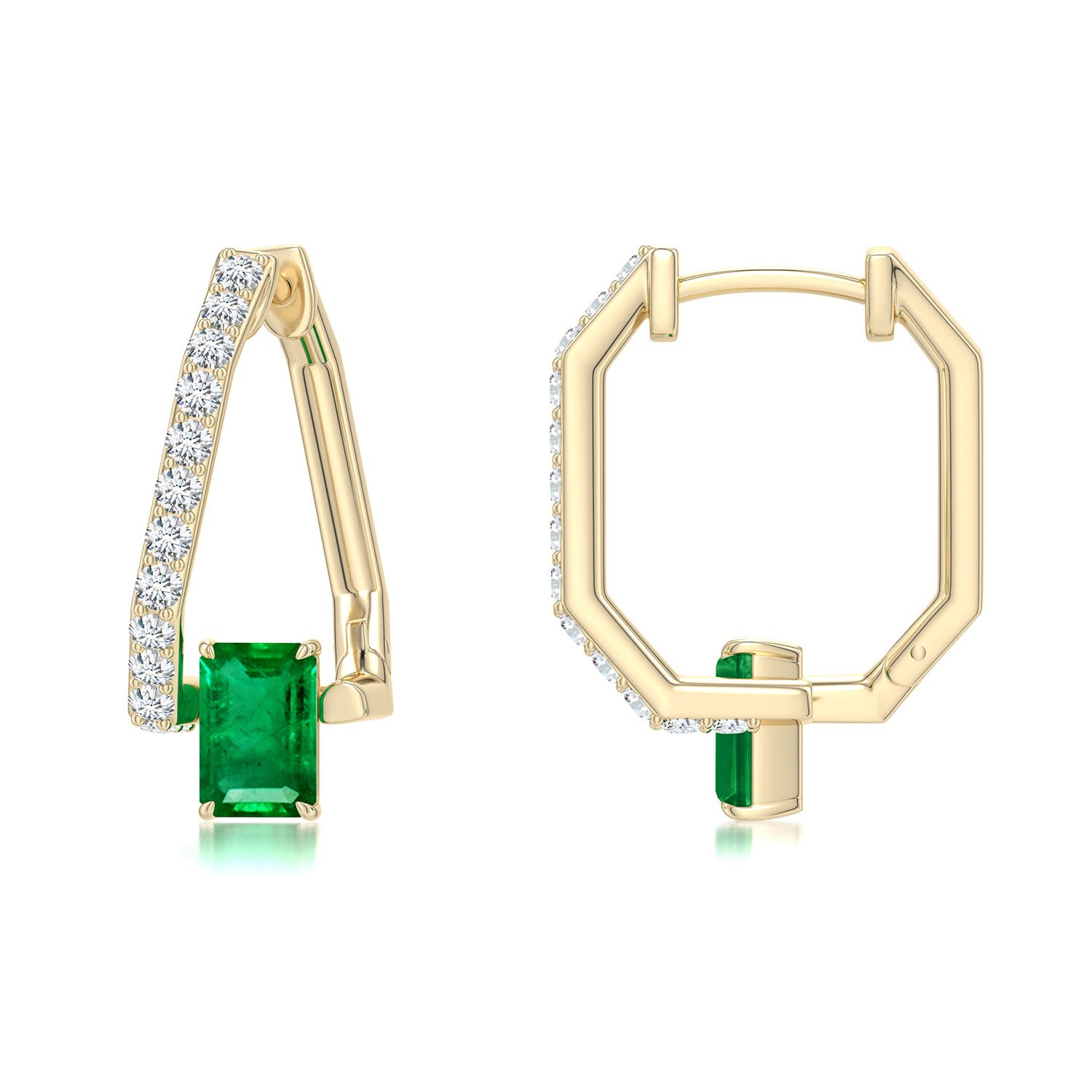 6x4mm AAA Uncircle Emerald Octagon Hoops in Yellow Gold - main