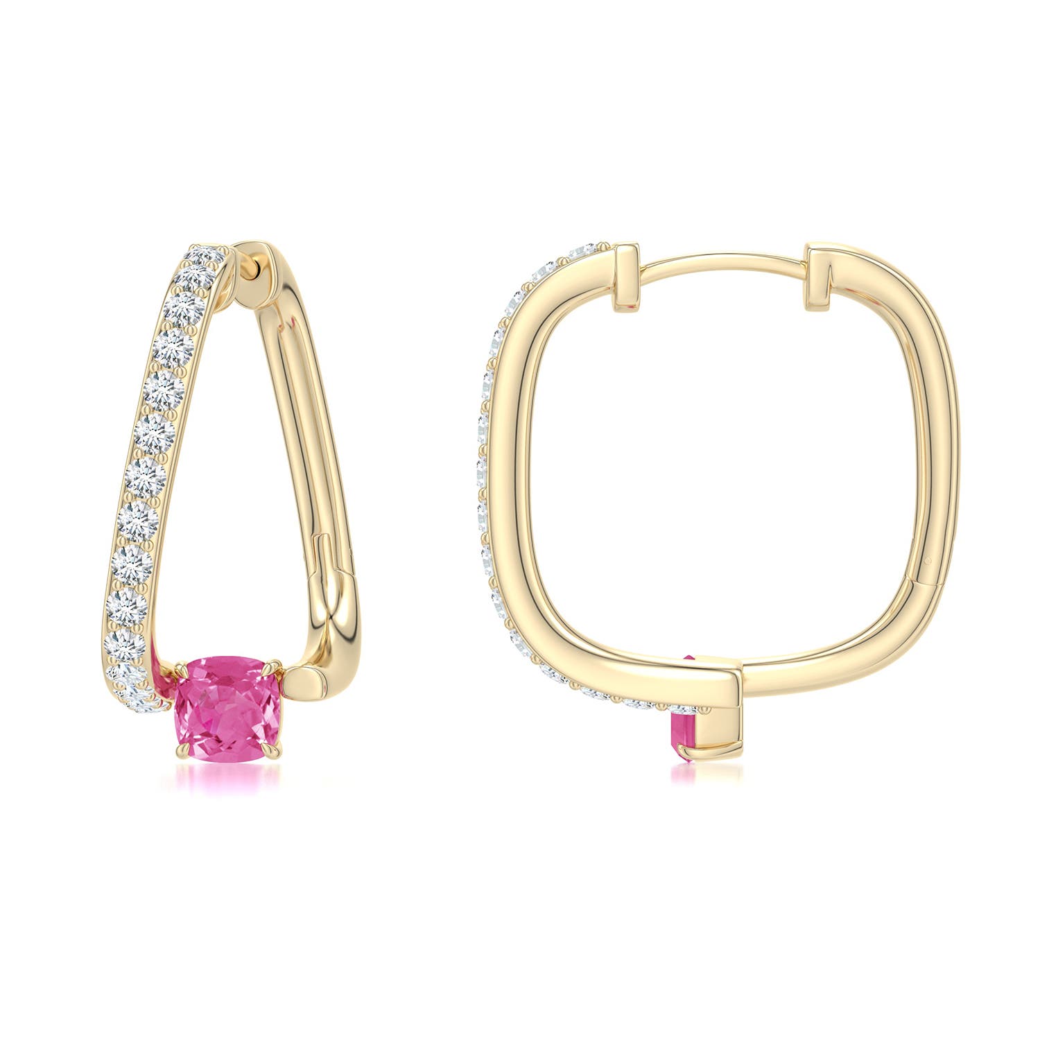 4mm AAA Uncircle Pink Sapphire Soft Square Hoops in Yellow Gold - main
