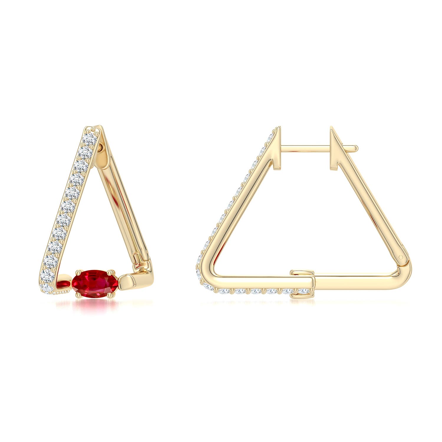 5x3mm AAA Uncircle Ruby Triangle Hoops in Yellow Gold - main
