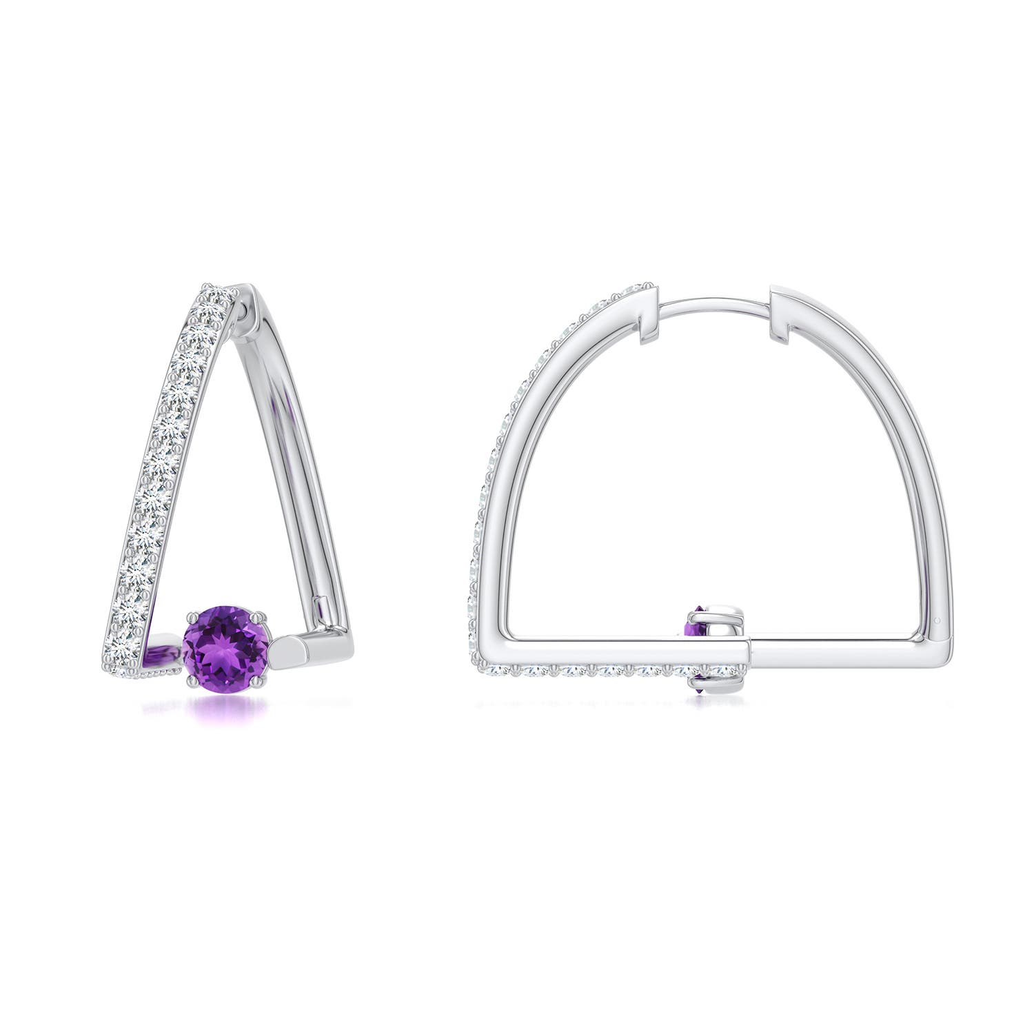 4mm AAA Uncircle Amethyst Half Moon Hoops in White Gold - main