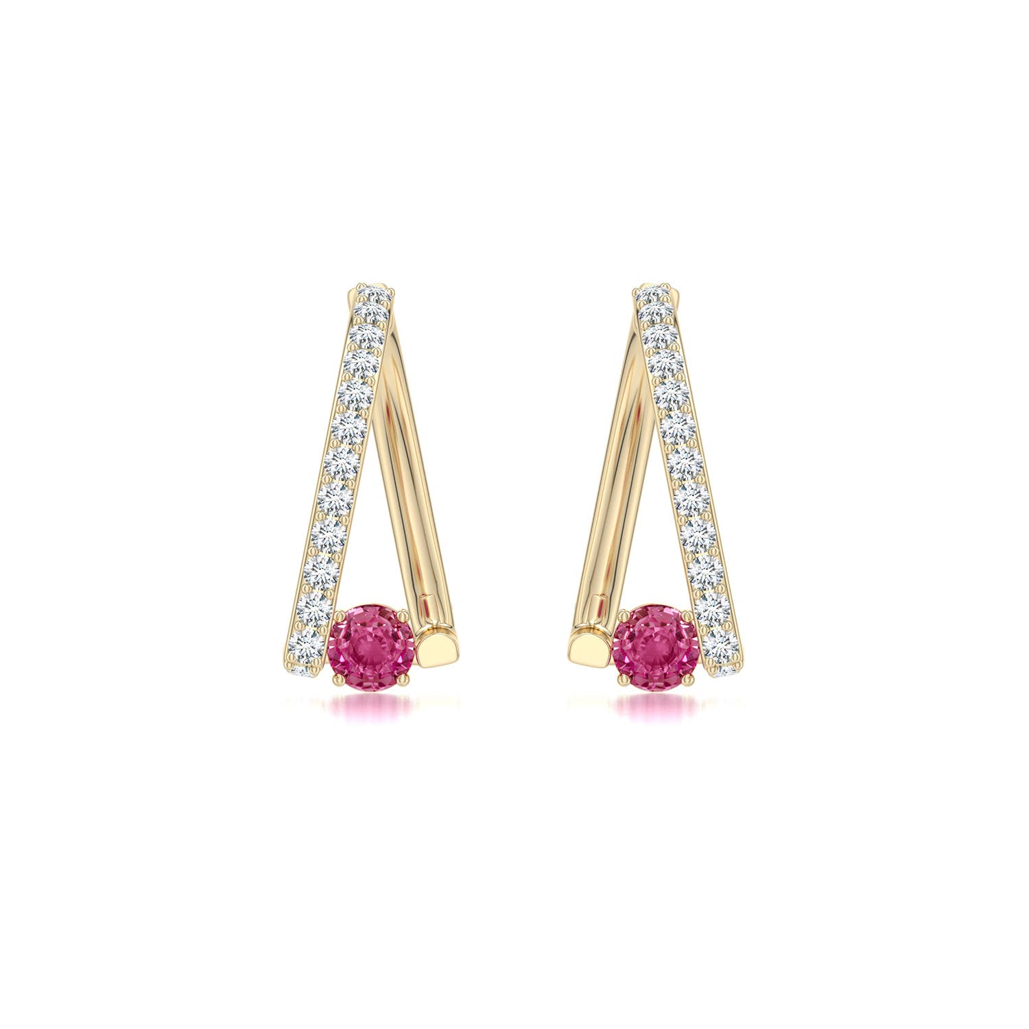 4mm AAAA Uncircle Pink Sapphire Half Moon Hoops in Yellow Gold - side