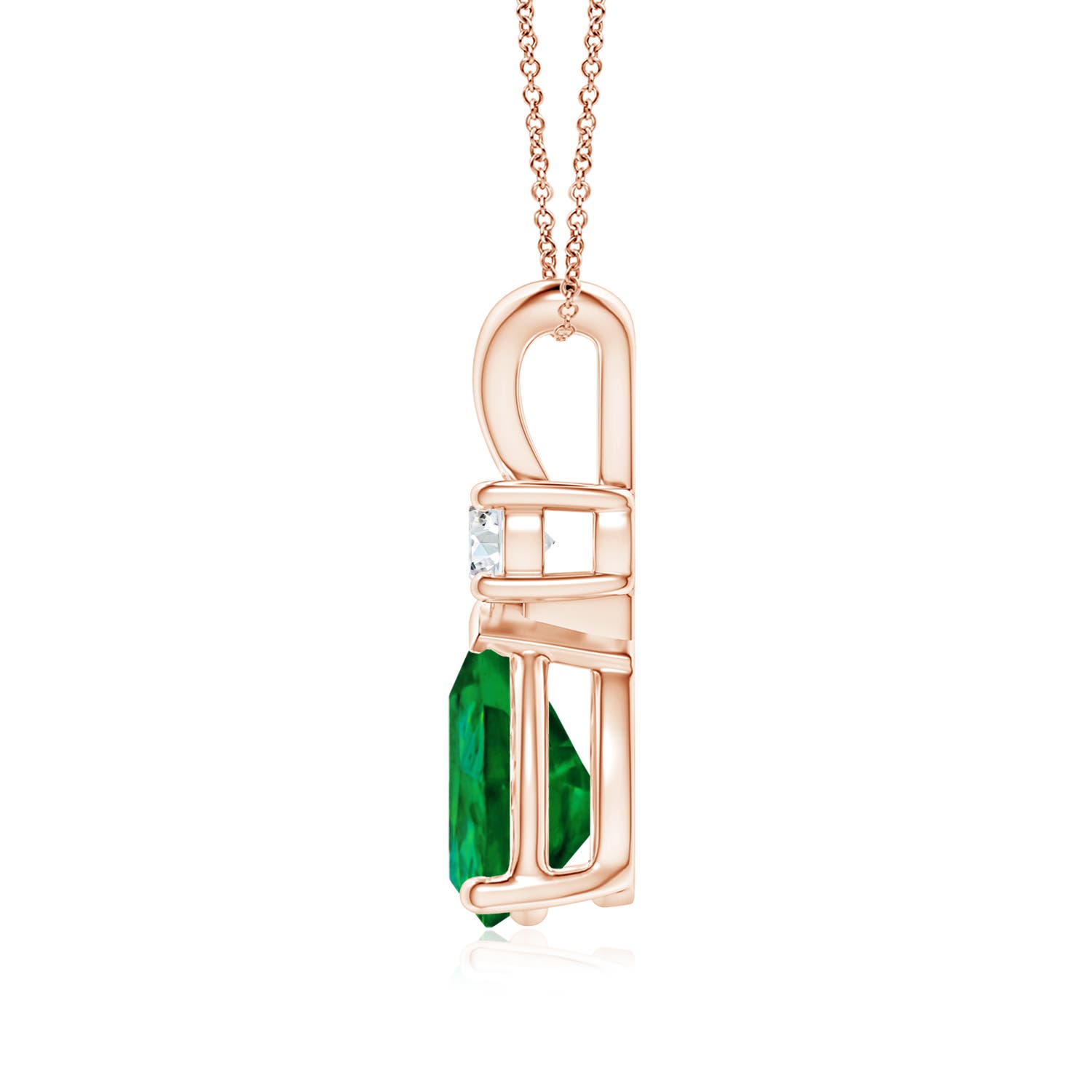 9x6mm Labgrown Prong-Set Lab-Grown Emerald Teardrop V-Bale Pendant with Diamond in Rose Gold - side