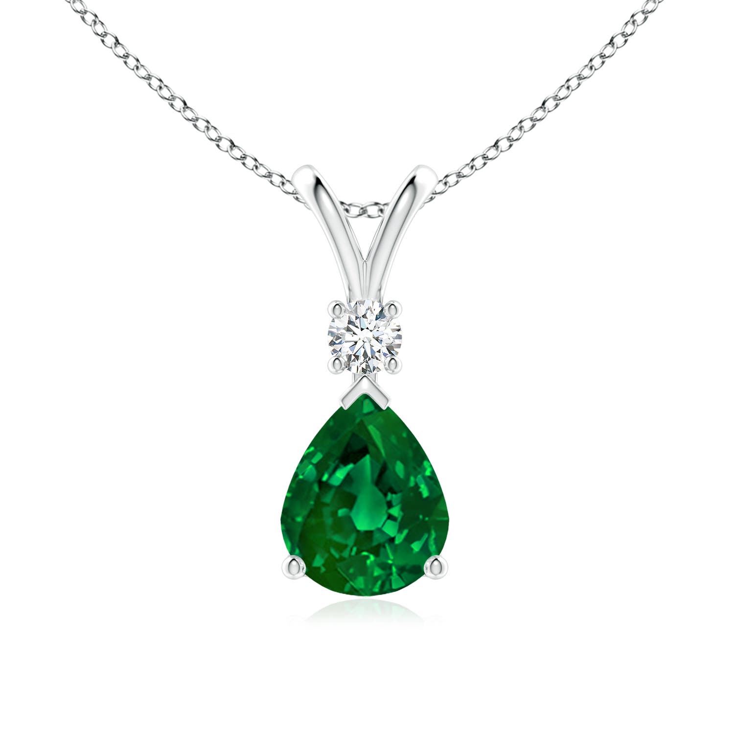 10x8mm Labgrown Prong-Set Lab-Grown Emerald Teardrop V-Bale Pendant with Diamond in White Gold - main