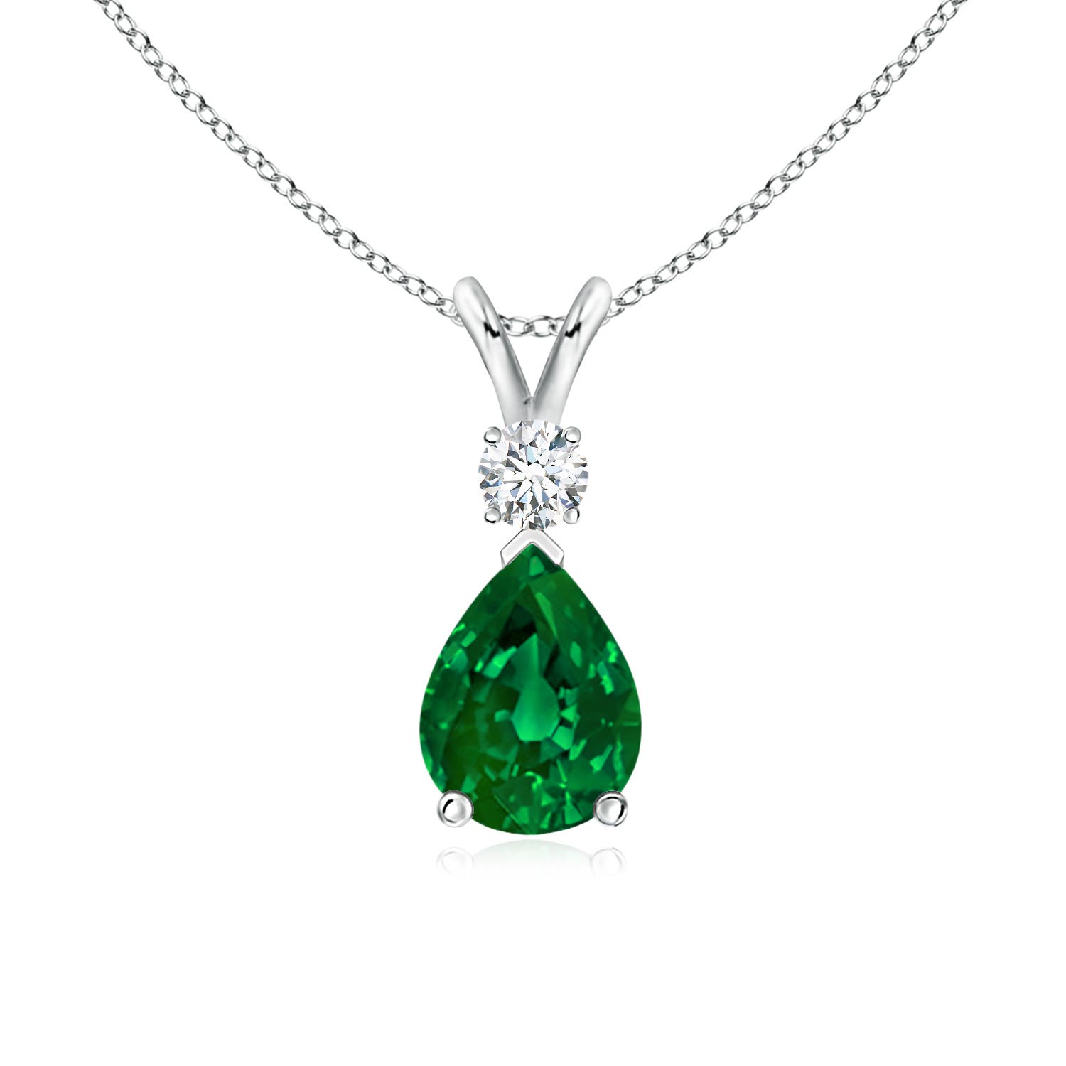 8x6mm Labgrown Prong-Set Lab-Grown Emerald Teardrop V-Bale Pendant with Diamond in White Gold - main