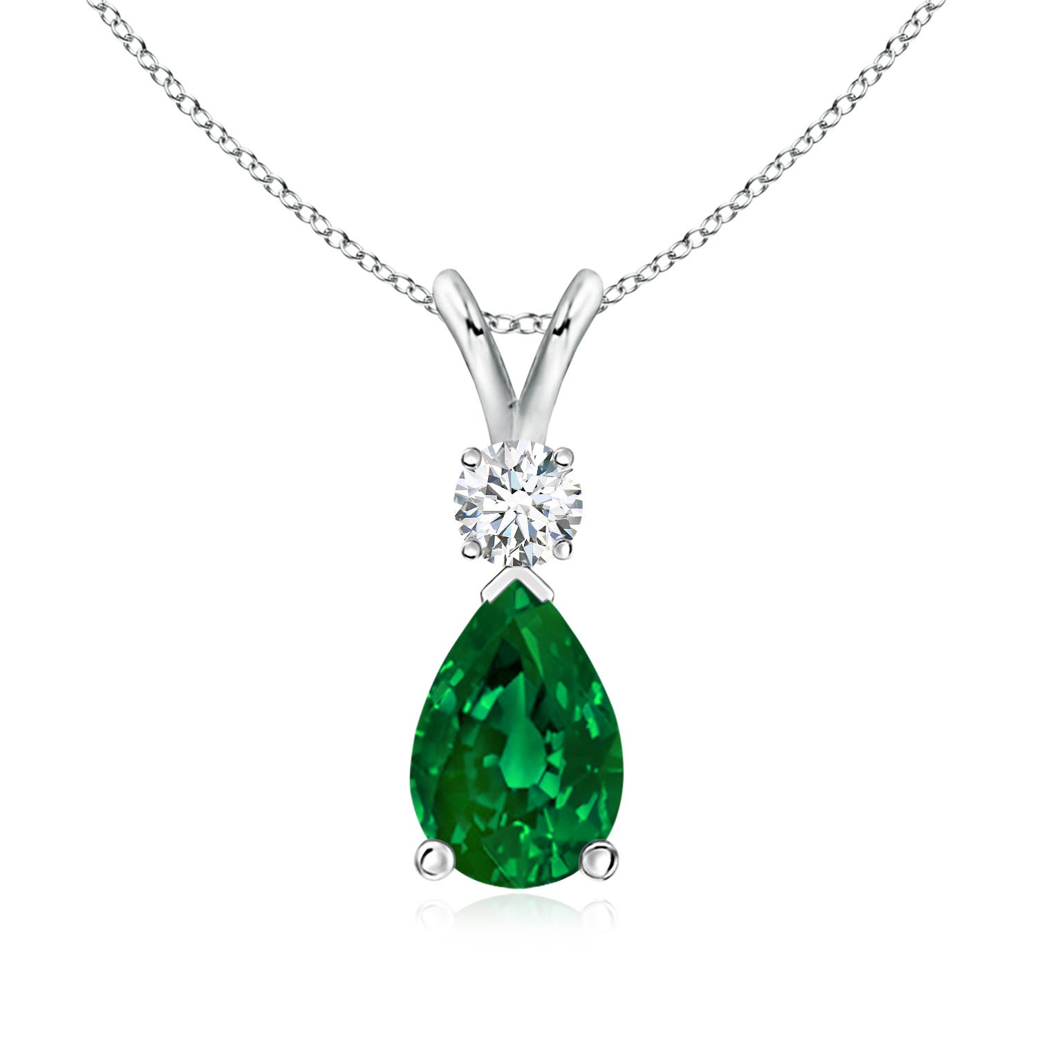 9x6mm Labgrown Prong-Set Lab-Grown Emerald Teardrop V-Bale Pendant with Diamond in White Gold - main