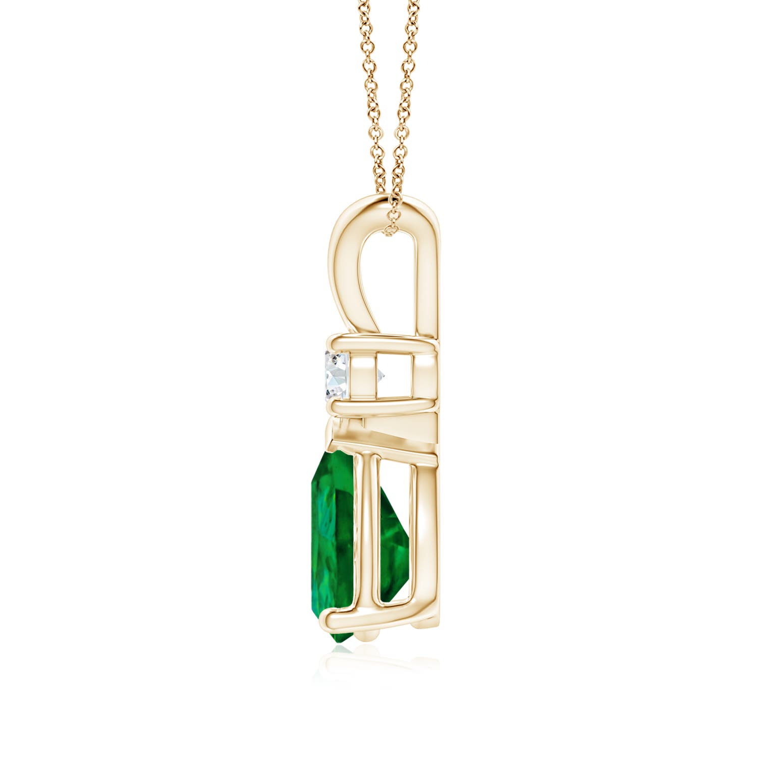 9x6mm Labgrown Prong-Set Lab-Grown Emerald Teardrop V-Bale Pendant with Diamond in Yellow Gold - side