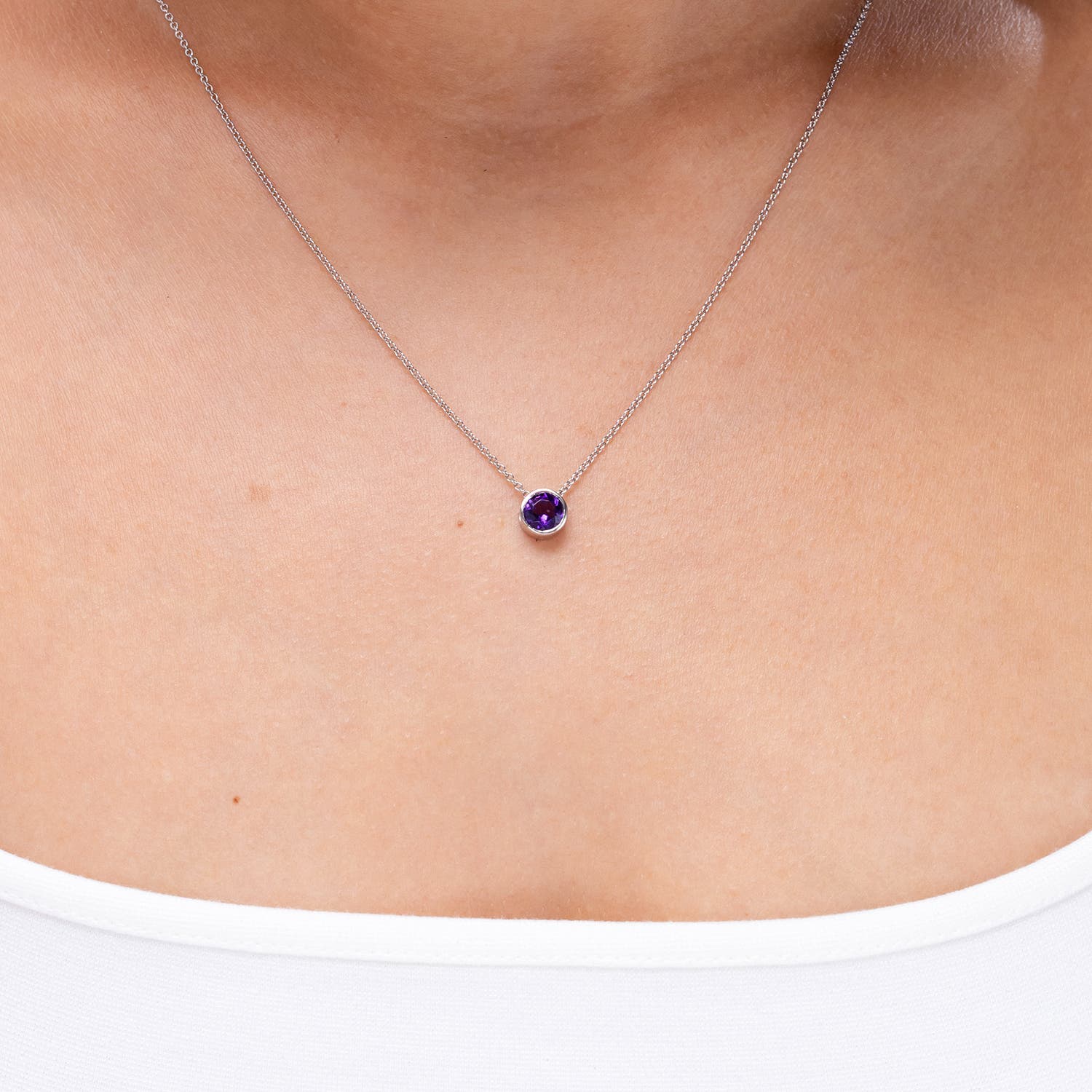 8mm AAAA Bezel-Set Round Amethyst Solitaire Pendant in White Gold