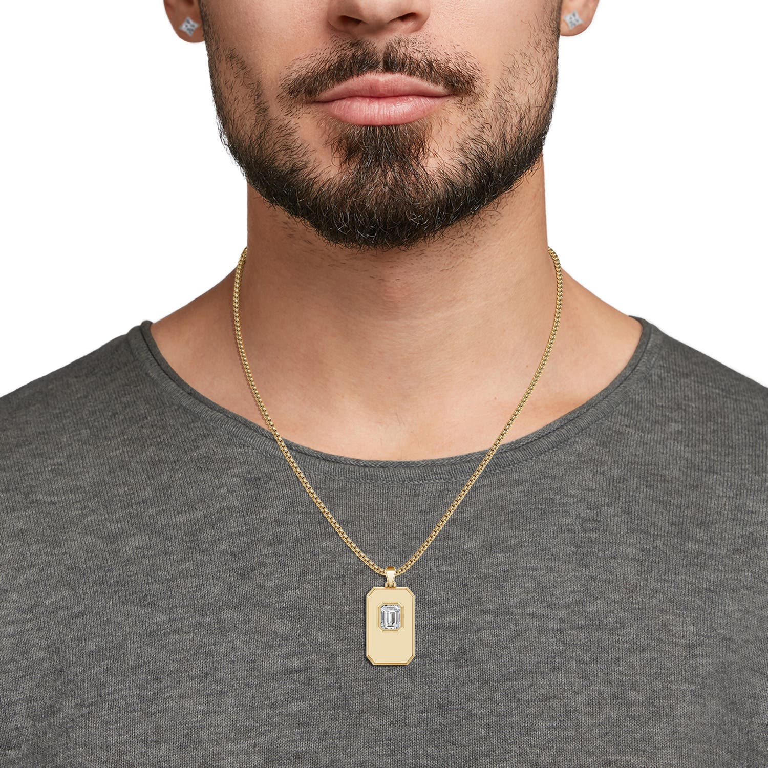 9x7mm IJI1I2 Emerald-Cut Diamond Men's Elongated Octagon Tag Pendant With Chain in Yellow Gold - body_view - body_view 1