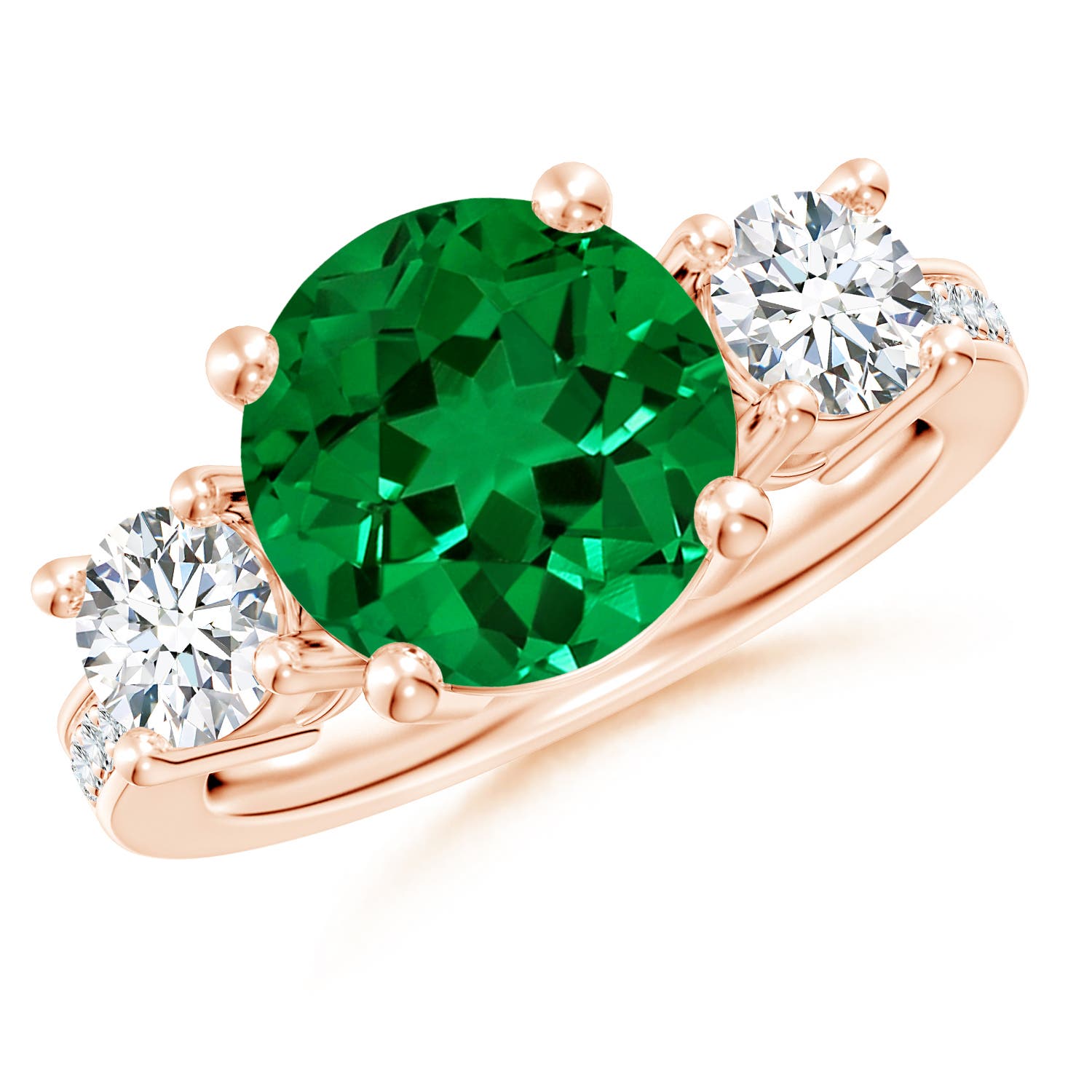 10mm Labgrown Classic Three Stone Round Lab-Grown Emerald and Diamond Engagement Ring in Rose Gold - main