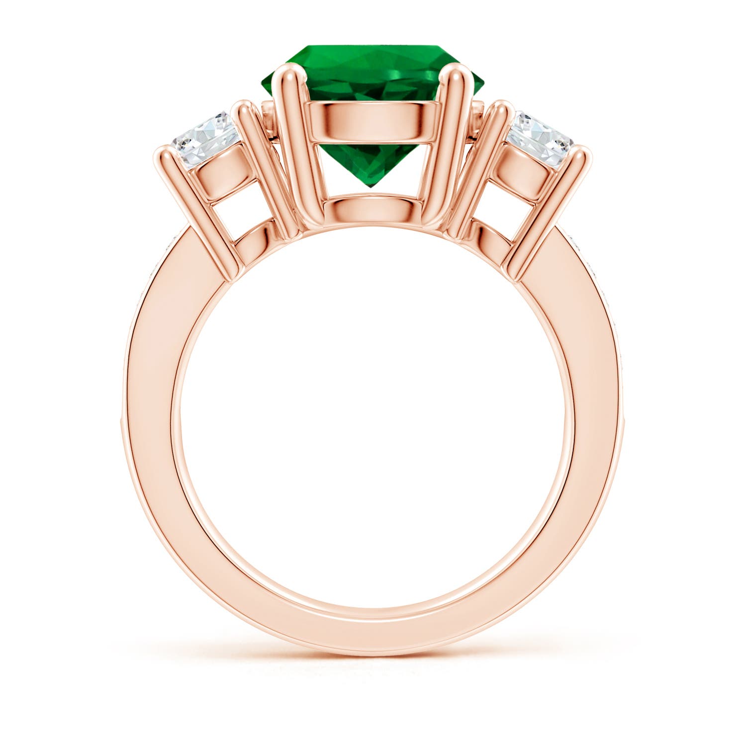 10mm Labgrown Classic Three Stone Round Lab-Grown Emerald and Diamond Engagement Ring in Rose Gold - side 1