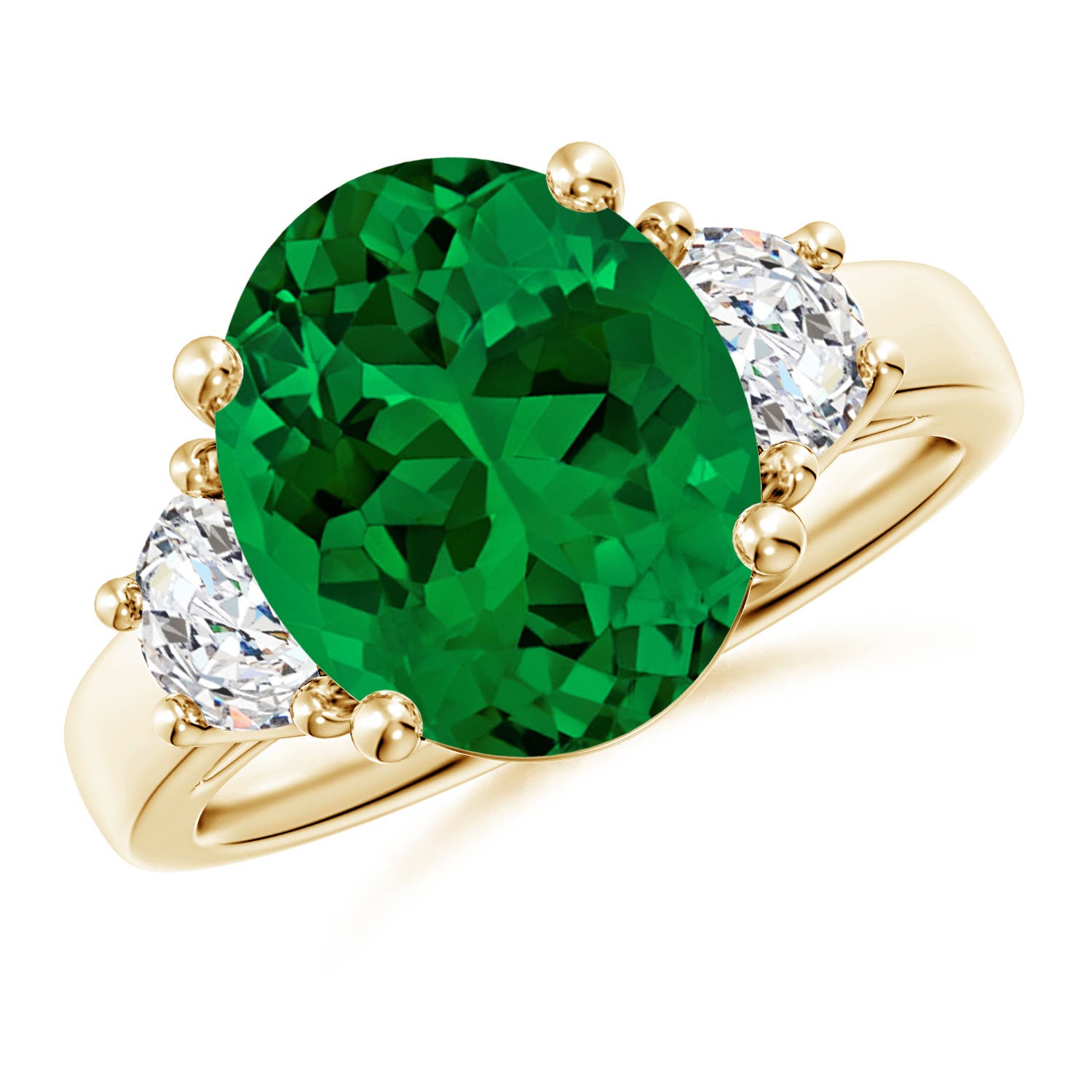 12x10mm Labgrown Lab-Grown Three Stone Oval Emerald and Half Moon Diamond Engagement Ring in Yellow Gold - main