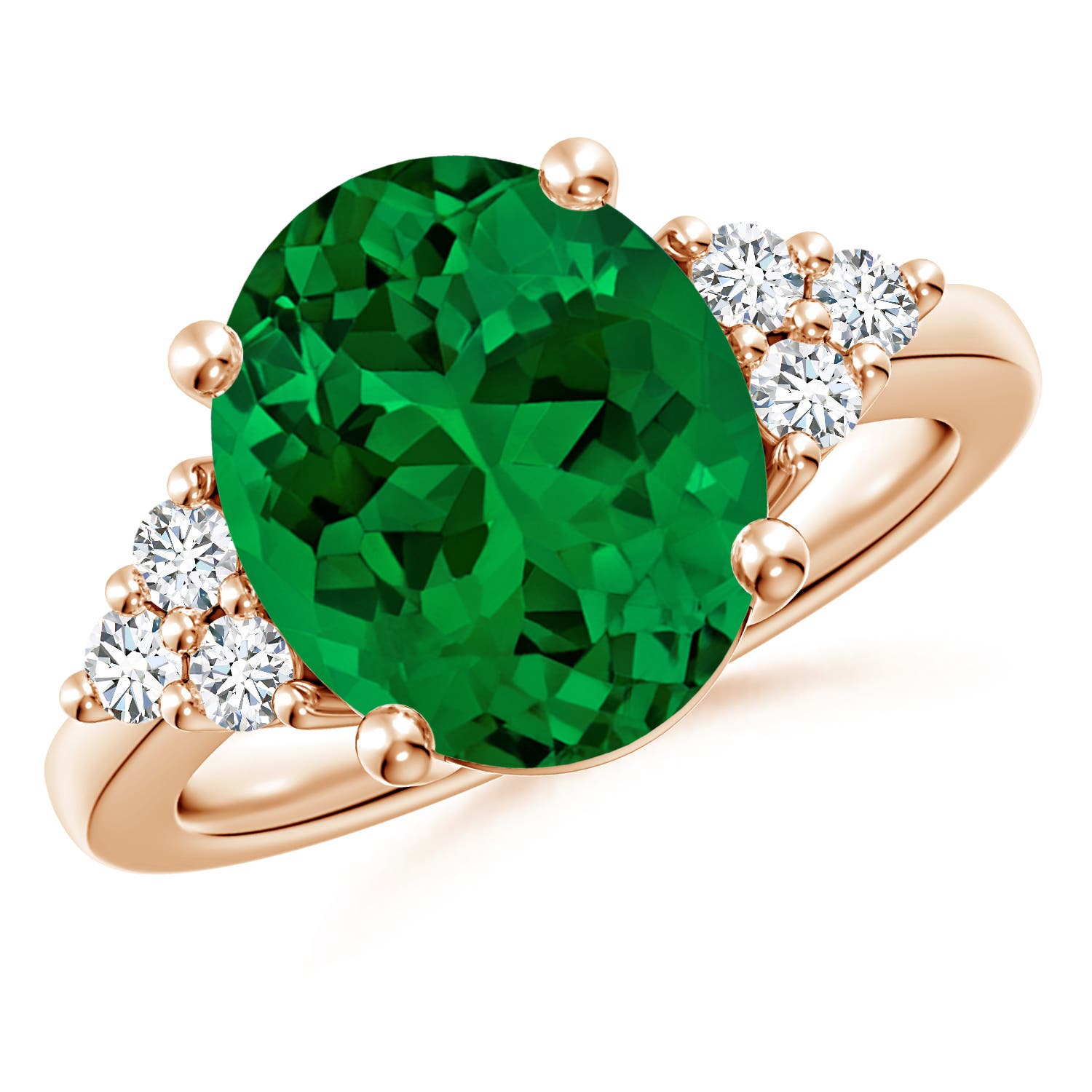 12x10mm Labgrown Lab-Grown Solitaire Oval Emerald Engagement Ring with Trio Lab Diamond Accents in Rose Gold - main