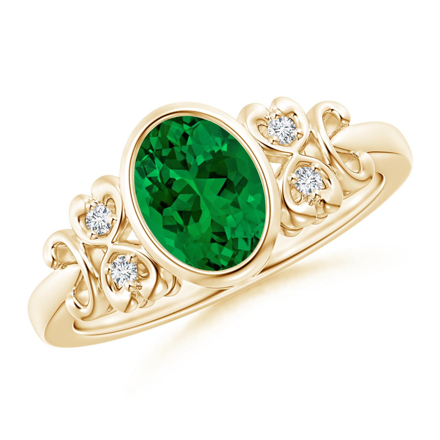 8x6mm Labgrown Lab-Grown Vintage Style Bezel-Set Oval Emerald Engagement Ring with Diamonds in 18K Yellow Gold - main