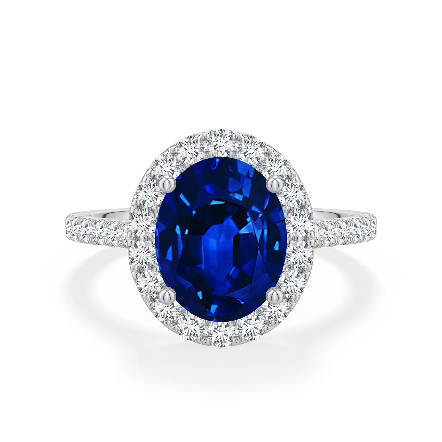 Prong-Set Oval Lab-Grown Sapphire Halo Engagement Ring with Diamond Accents