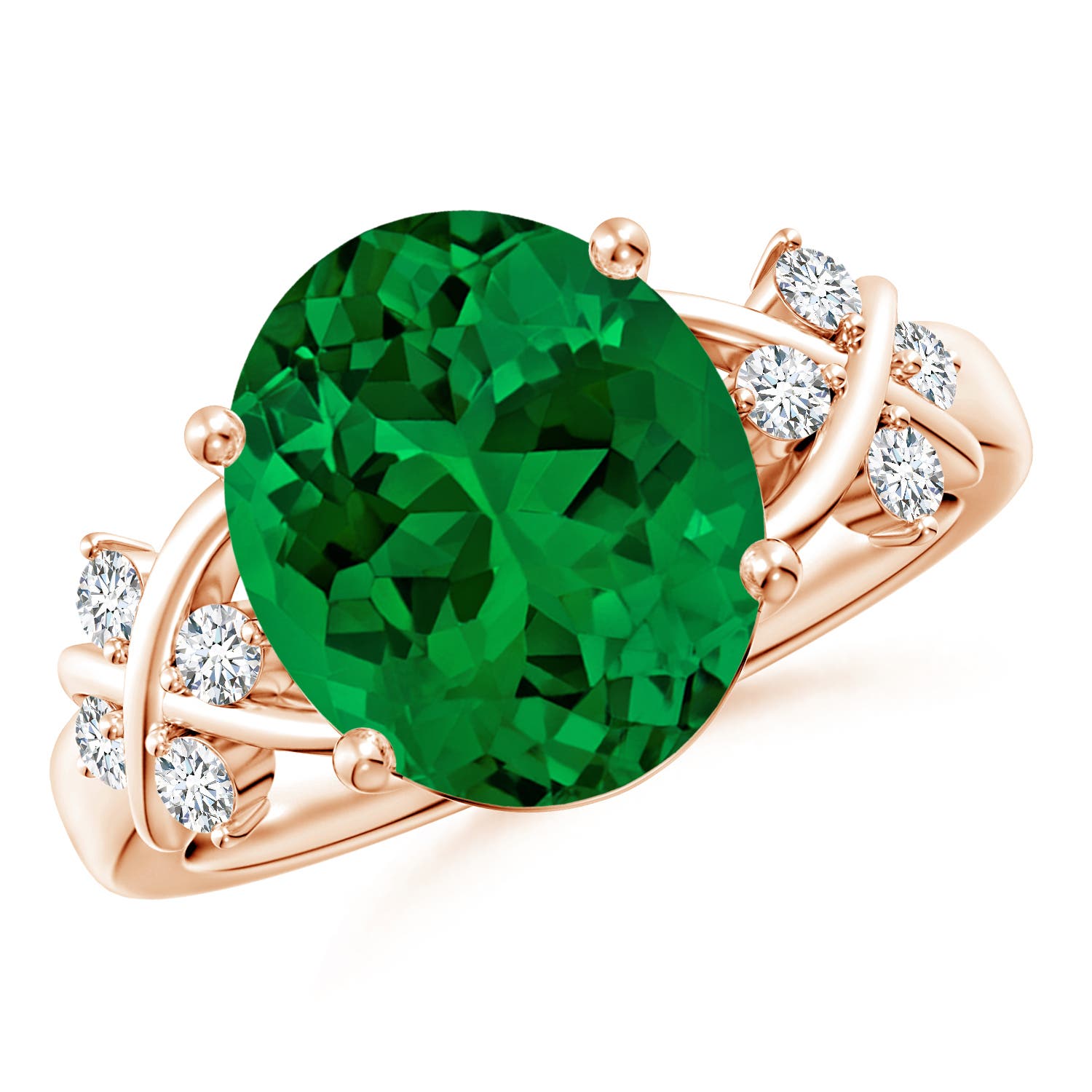 12x10mm Labgrown Lab-Grown Solitaire Oval Emerald Criss Cross Engagement Ring with Diamonds in Rose Gold - main