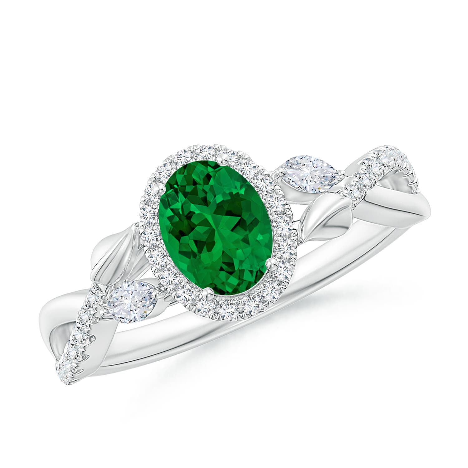 7x5mm Labgrown Lab-Grown Oval Emerald Twisted Vine Engagement Ring with Diamond Halo in White Gold - main