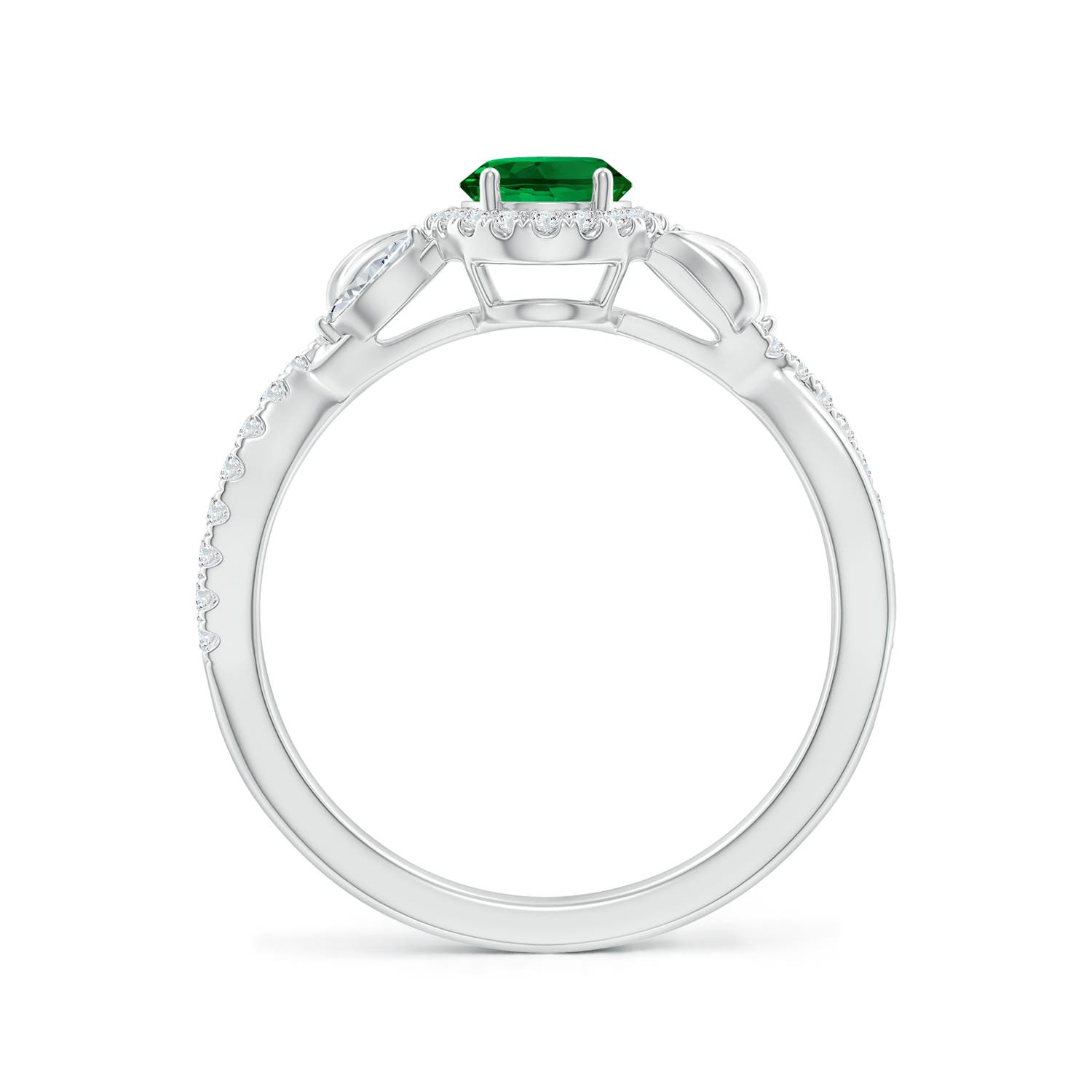 7x5mm Labgrown Lab-Grown Oval Emerald Twisted Vine Engagement Ring with Diamond Halo in White Gold - side 1
