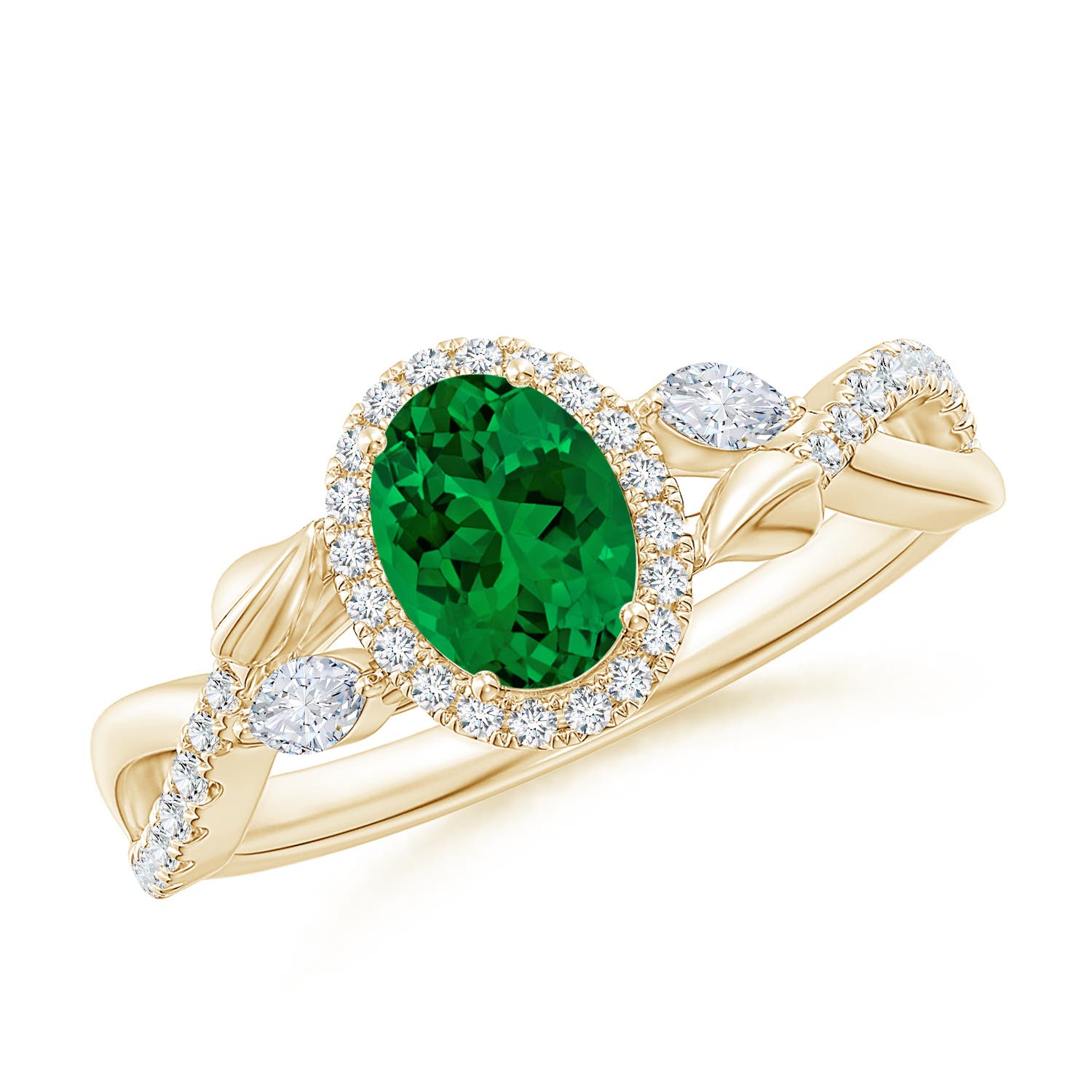 7x5mm Labgrown Lab-Grown Oval Emerald Twisted Vine Engagement Ring with Diamond Halo in Yellow Gold - main