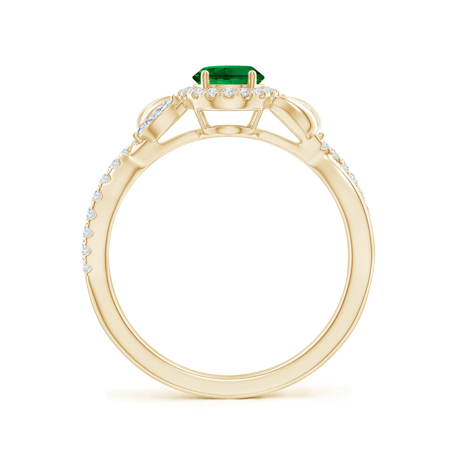 7x5mm Labgrown Lab-Grown Oval Emerald Twisted Vine Engagement Ring with Diamond Halo in Yellow Gold - side 1
