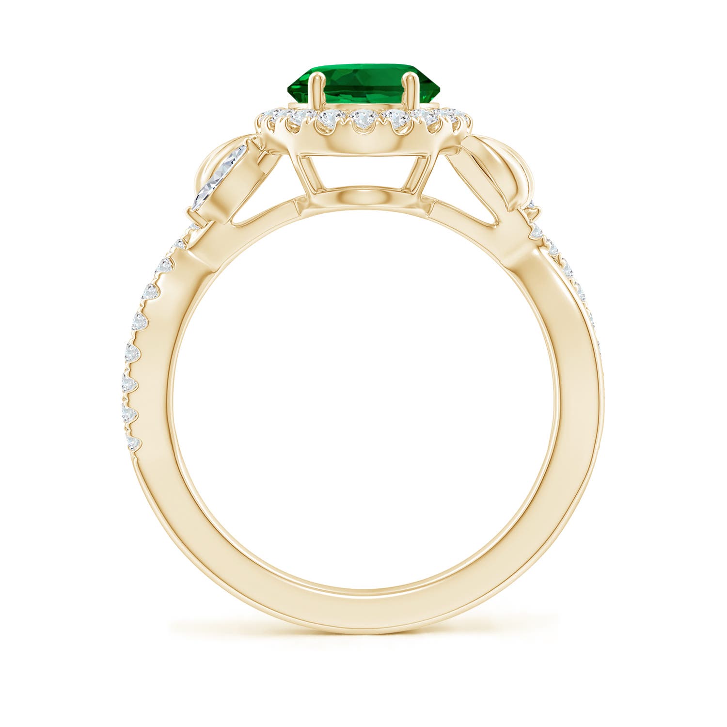 9x7mm Labgrown Lab-Grown Oval Emerald Twisted Vine Engagement Ring with Diamond Halo in Yellow Gold - side 1 - side 2