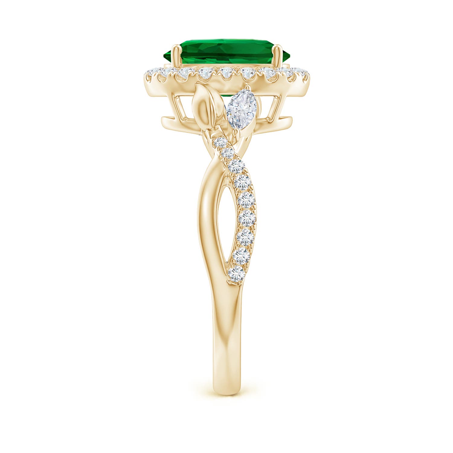 9x7mm Labgrown Lab-Grown Oval Emerald Twisted Vine Engagement Ring with Diamond Halo in Yellow Gold - side 2 - side 3
