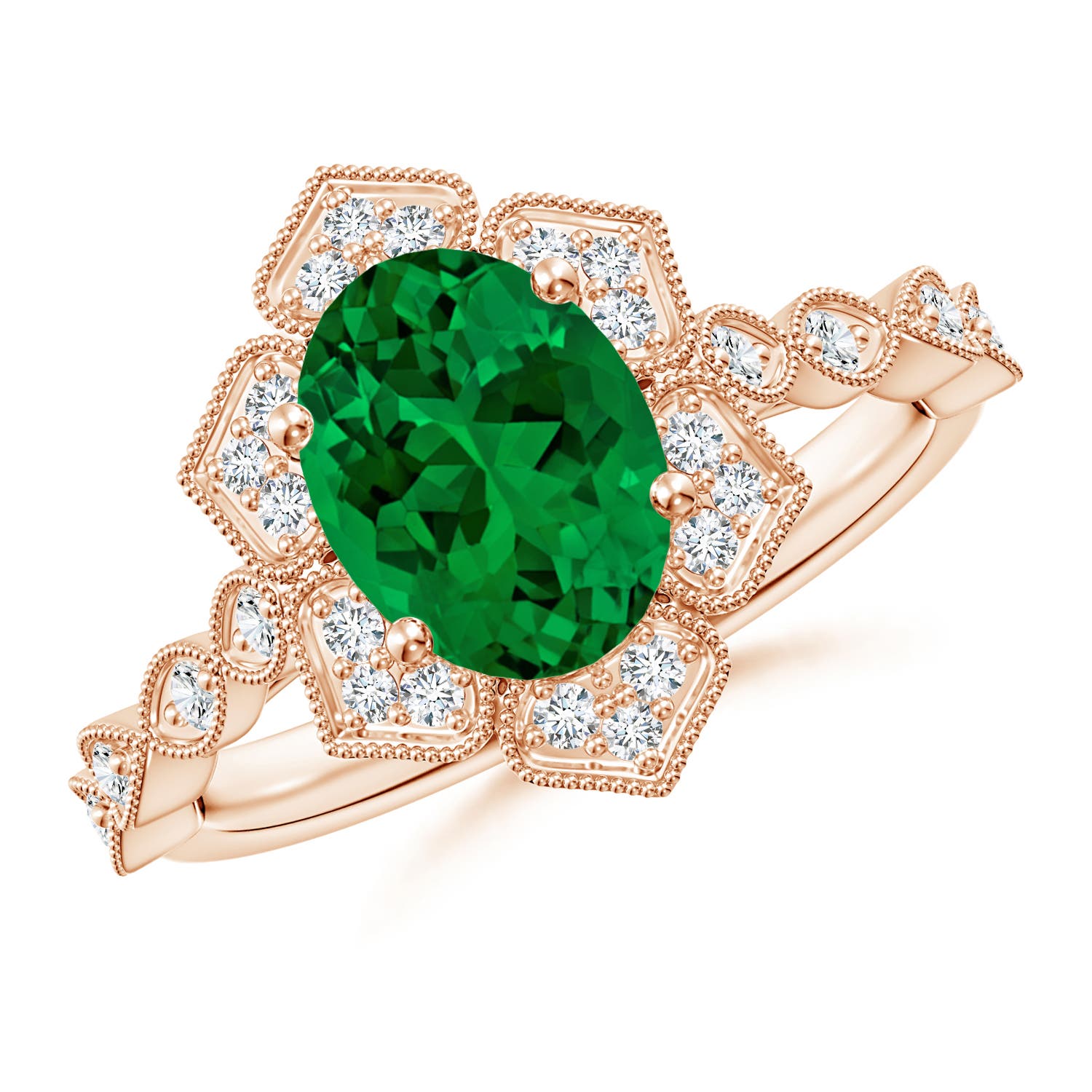 9x7mm Labgrown Lab-Grown Oval Emerald Trillium Floral Shank Engagement Ring in 18K Rose Gold - main