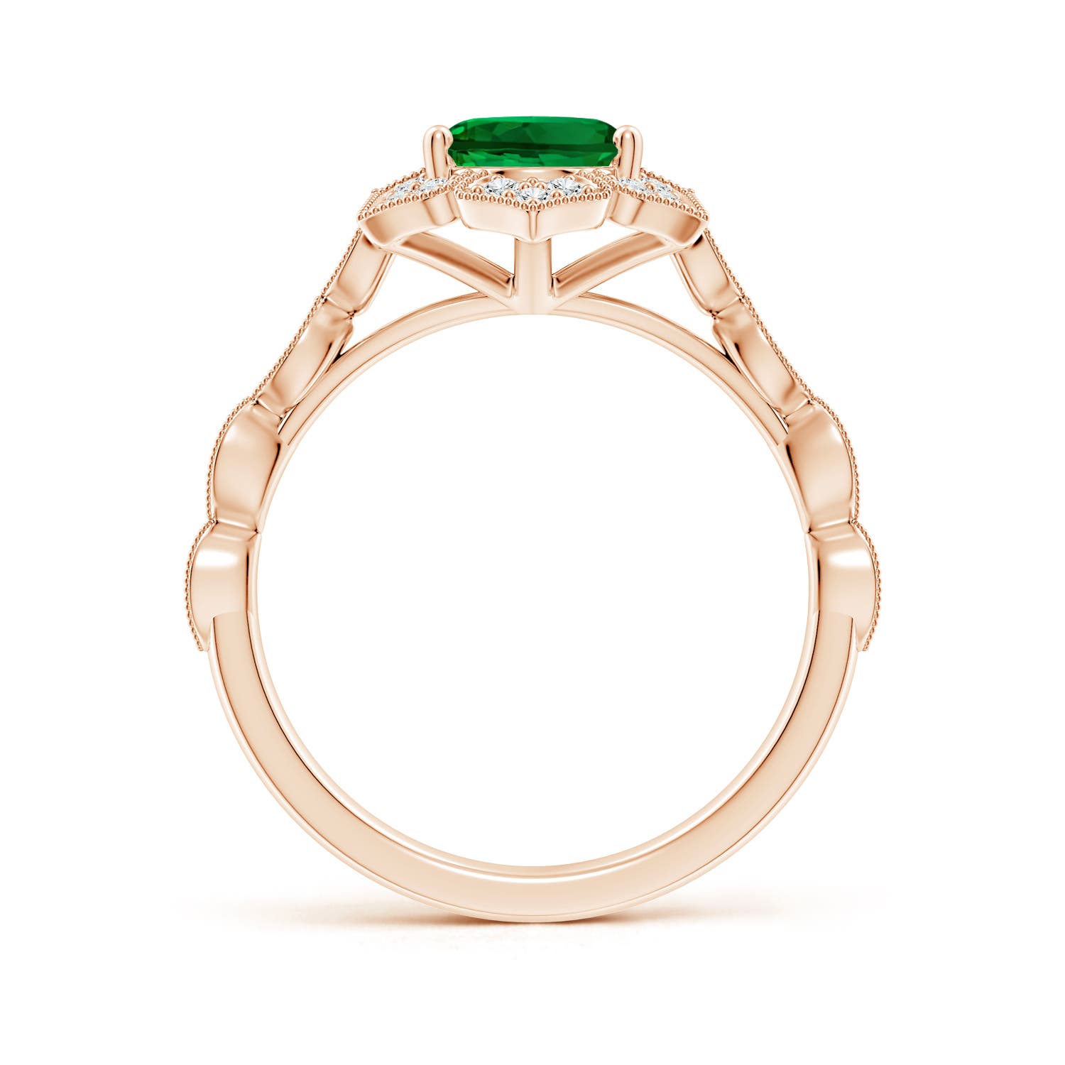 9x7mm Labgrown Lab-Grown Oval Emerald Trillium Floral Shank Engagement Ring in 18K Rose Gold - side 1