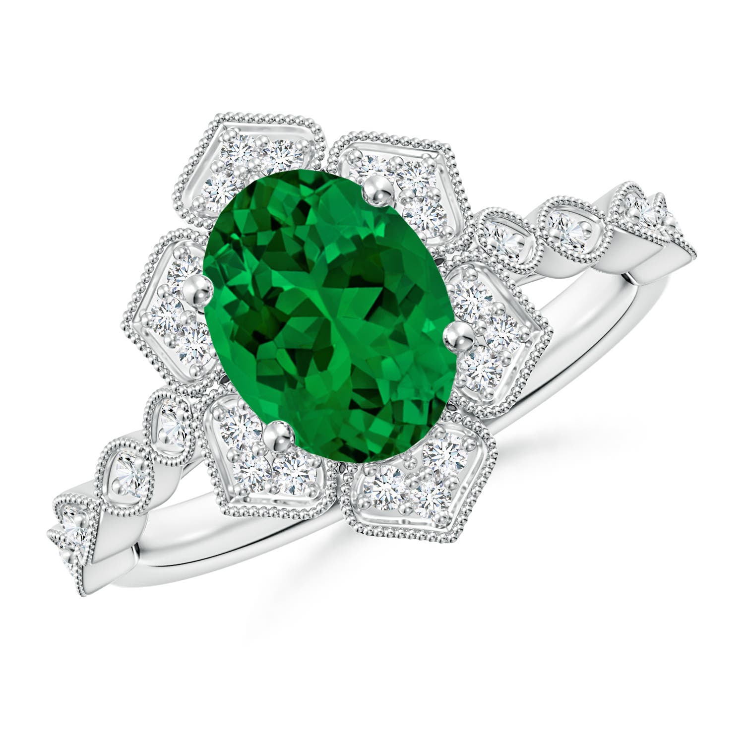 9x7mm Labgrown Lab-Grown Oval Emerald Trillium Floral Shank Engagement Ring in White Gold - main