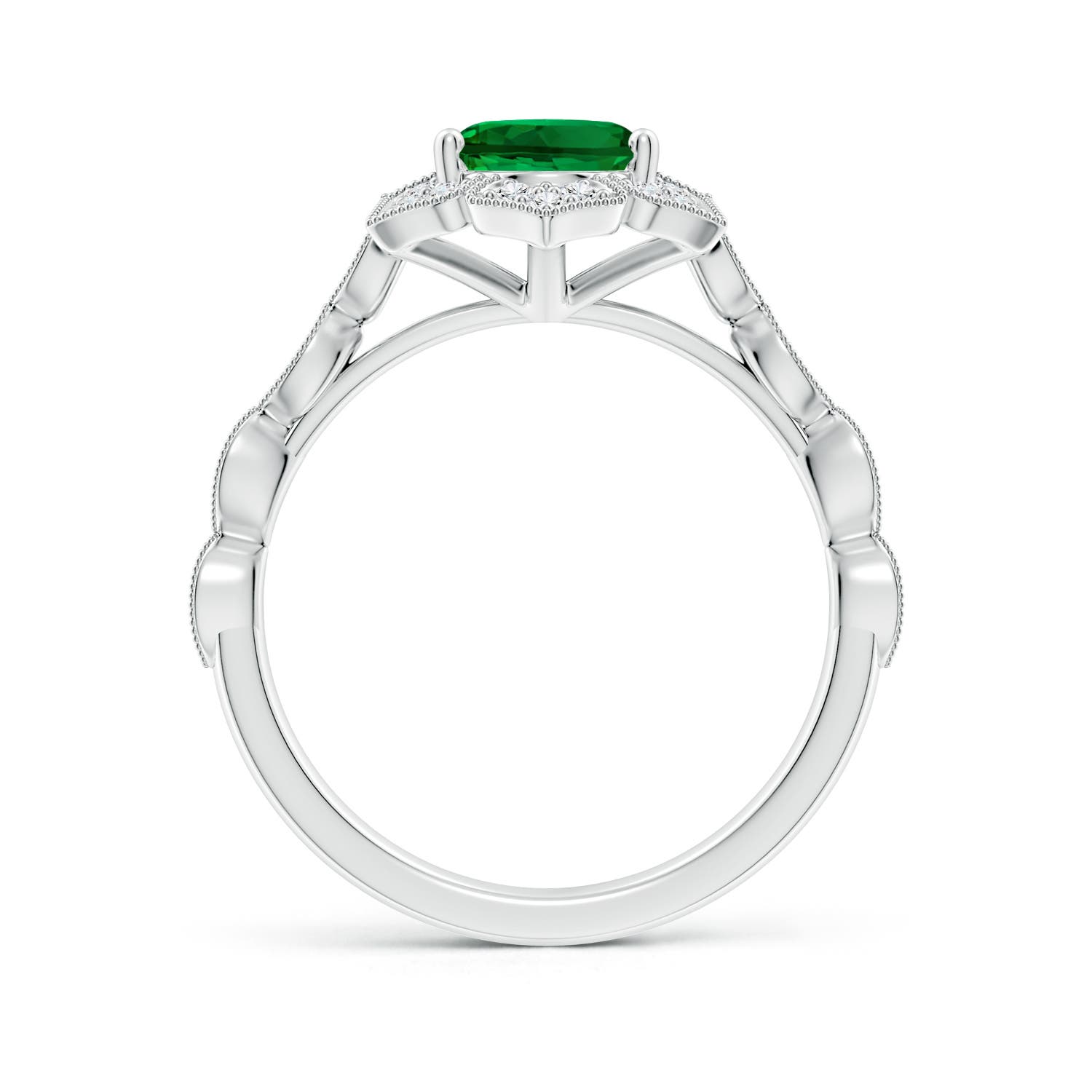 9x7mm Labgrown Lab-Grown Oval Emerald Trillium Floral Shank Engagement Ring in White Gold - side 1