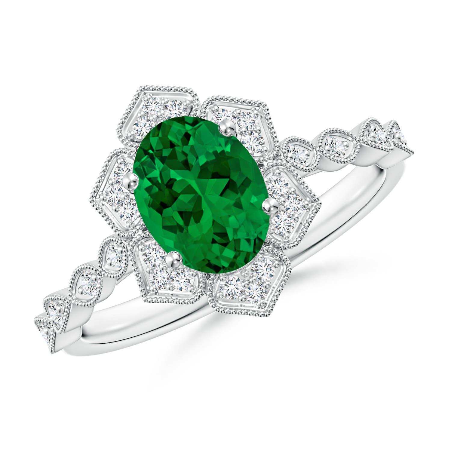 8x6mm Labgrown Lab-Grown Oval Emerald Trillium Floral Shank Engagement Ring in 18K White Gold - main