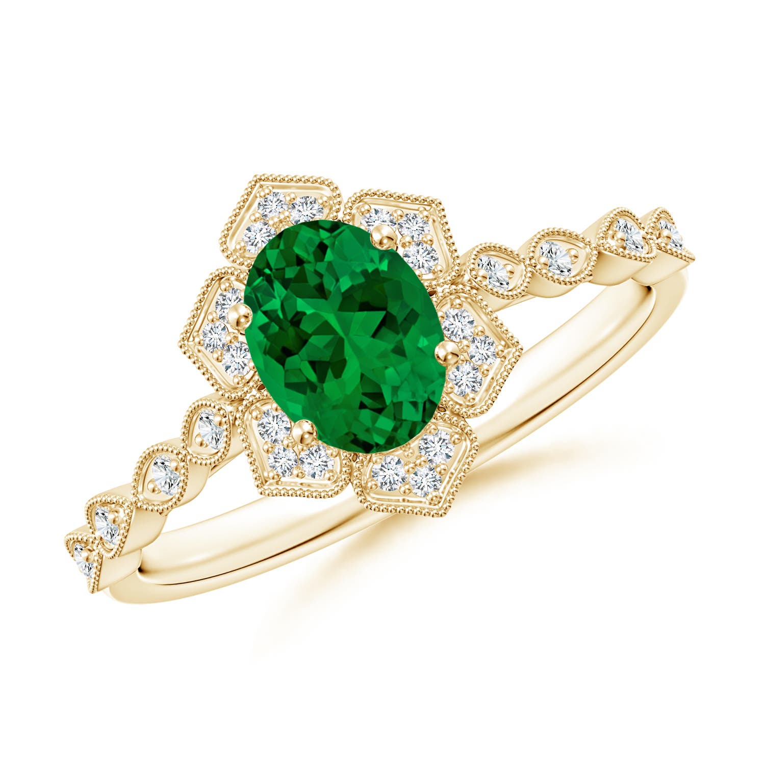 7x5mm Labgrown Lab-Grown Oval Emerald Trillium Floral Shank Engagement Ring in 18K Yellow Gold - main