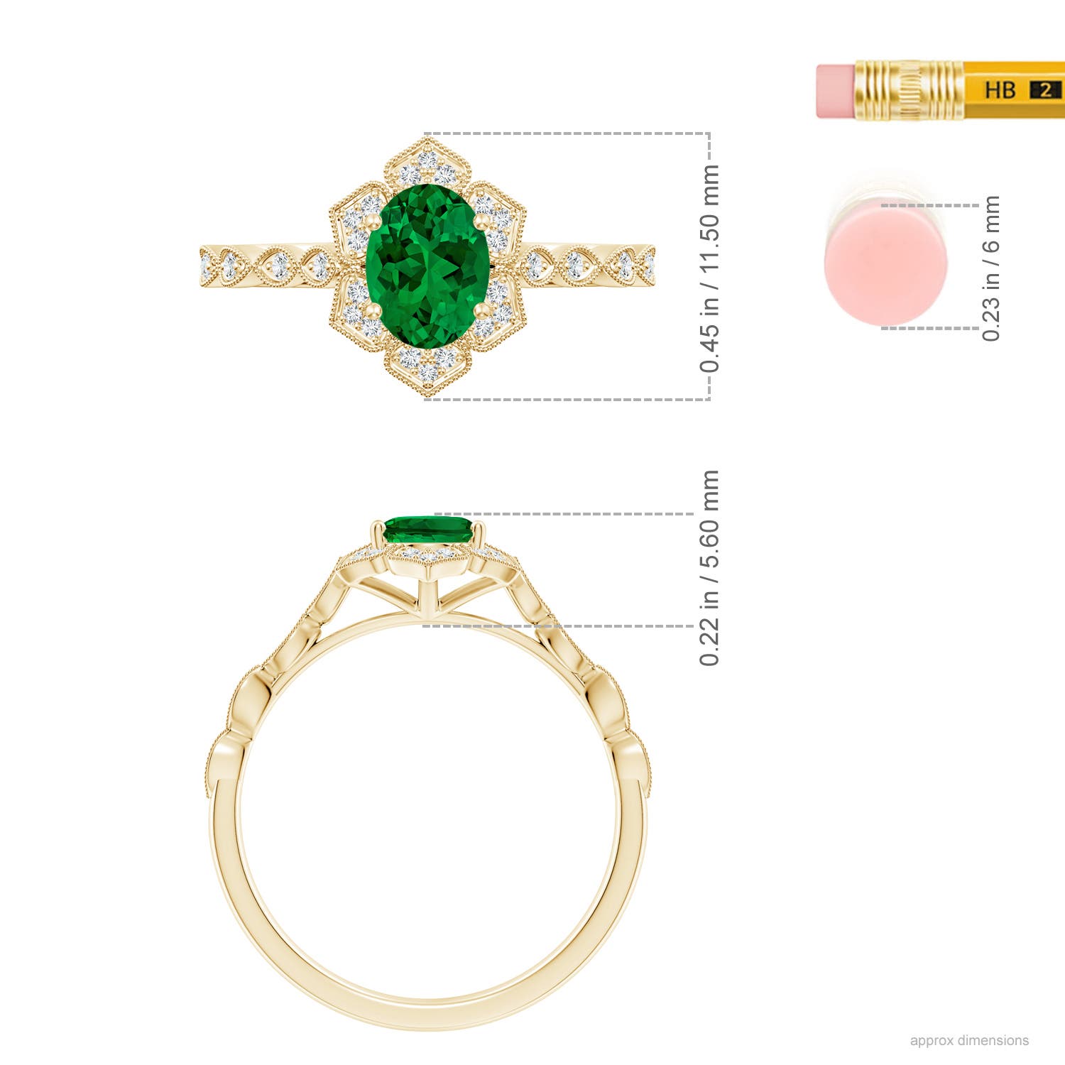7x5mm Labgrown Lab-Grown Oval Emerald Trillium Floral Shank Engagement Ring in 18K Yellow Gold - ruler - ruler