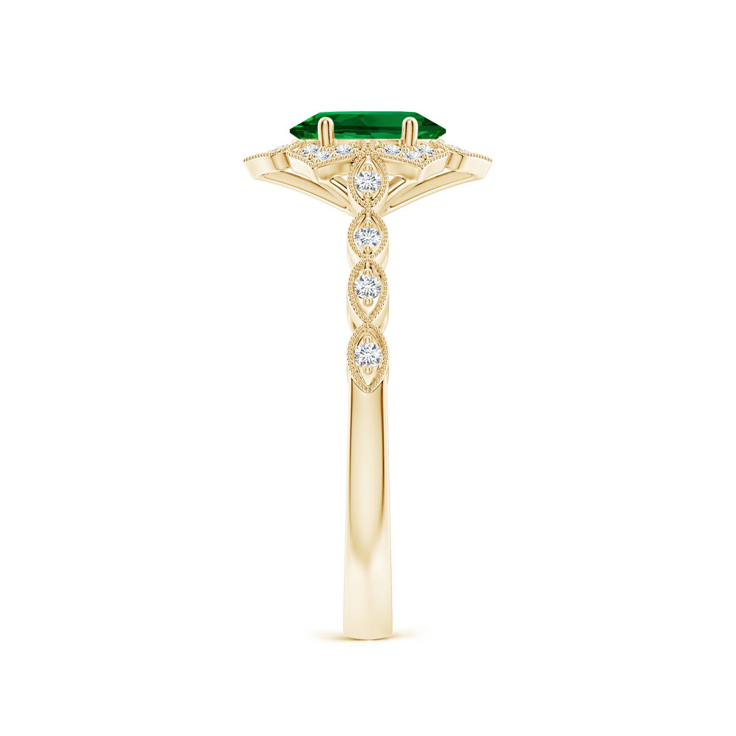 7x5mm Labgrown Lab-Grown Oval Emerald Trillium Floral Shank Engagement Ring in 18K Yellow Gold - side 2 - side 3