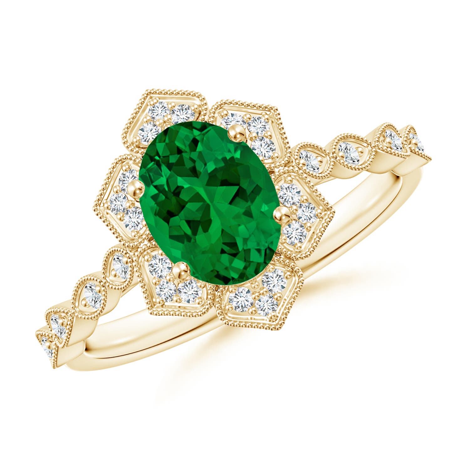 8x6mm Labgrown Lab-Grown Oval Emerald Trillium Floral Shank Engagement Ring in 18K Yellow Gold - main