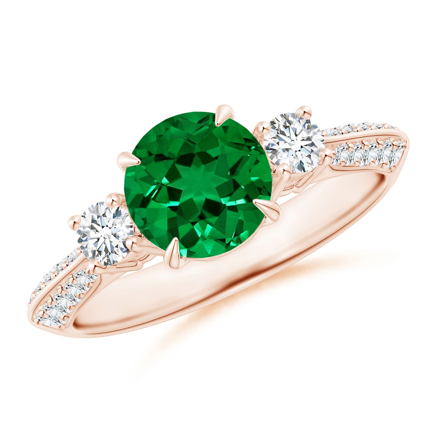 7mm Labgrown Lab-Grown Three Stone Emerald and Diamond Knife-Edge Shank Engagement Ring in 18K Rose Gold - main