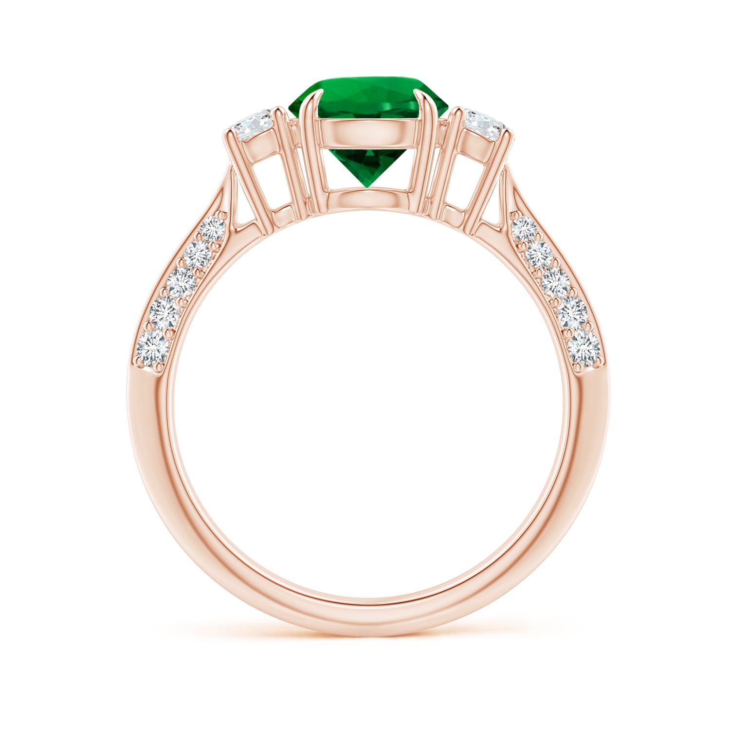 7mm Labgrown Lab-Grown Three Stone Emerald and Diamond Knife-Edge Shank Engagement Ring in 18K Rose Gold - side 1