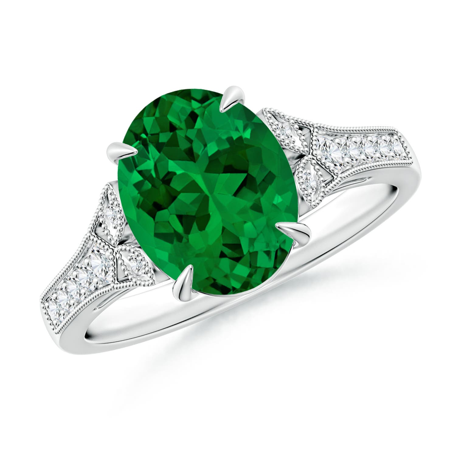 10x8mm Labgrown Lab-Grown Aeon Vintage Inspired Oval Emerald Solitaire Engagement Ring with Milgrain in 18K White Gold - main