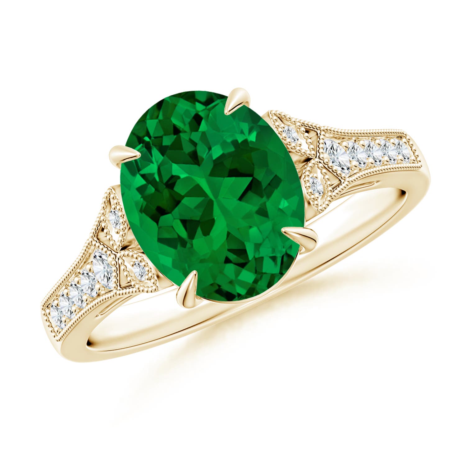 10x8mm Labgrown Lab-Grown Aeon Vintage Inspired Oval Emerald Solitaire Engagement Ring with Milgrain in Yellow Gold - main