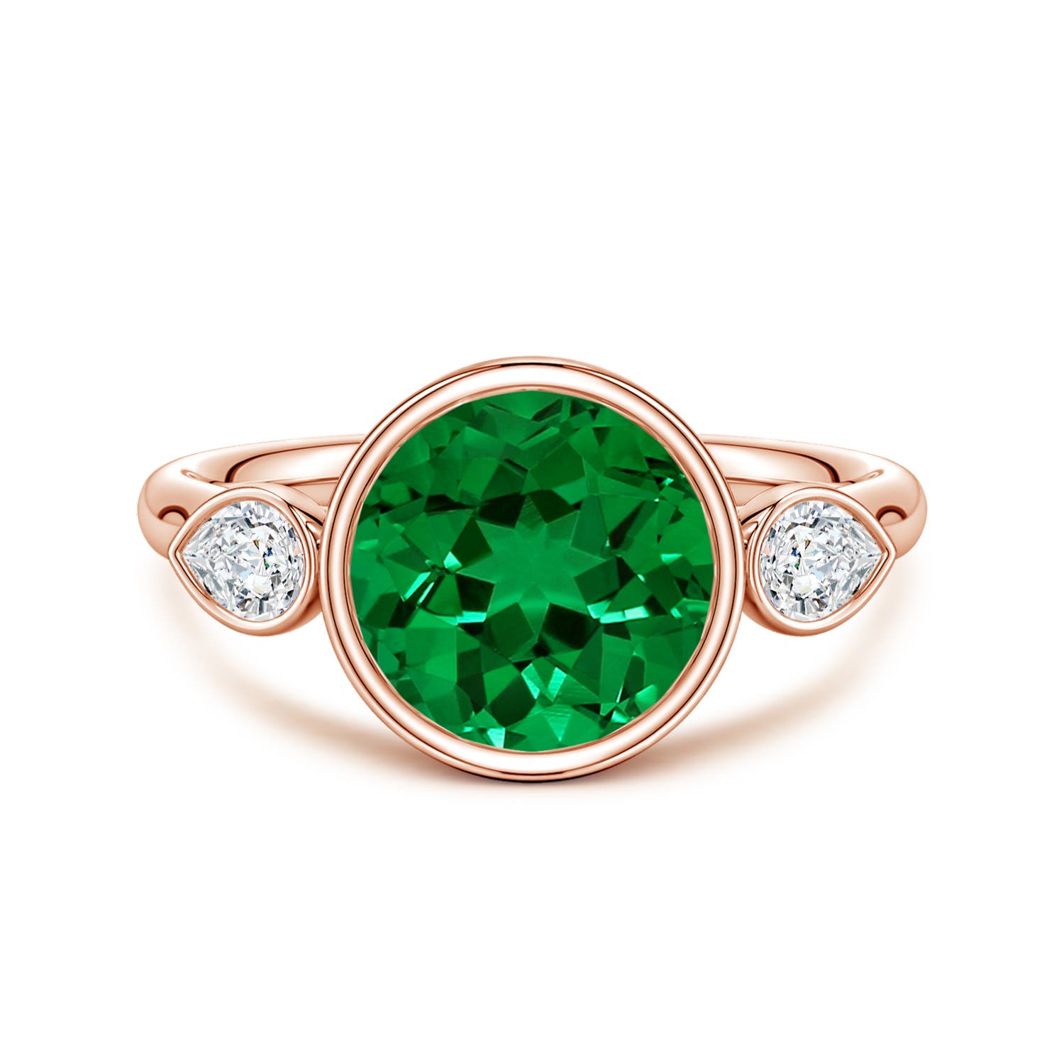 9mm Labgrown Lab-Grown Round Emerald and Pear Diamond Three-Stone Engagement Ring in 18K Rose Gold - main