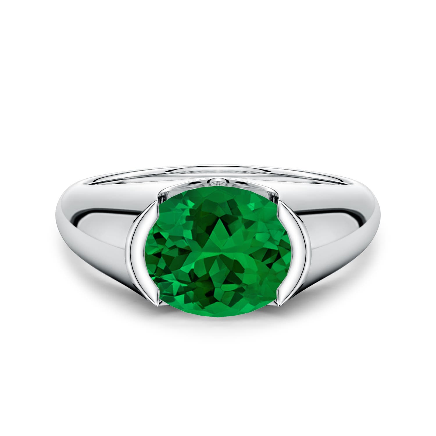 10x8mm Labgrown Semi Bezel-Set Oval Lab-Grown Emerald Signet Engagement Ring in White Gold - main