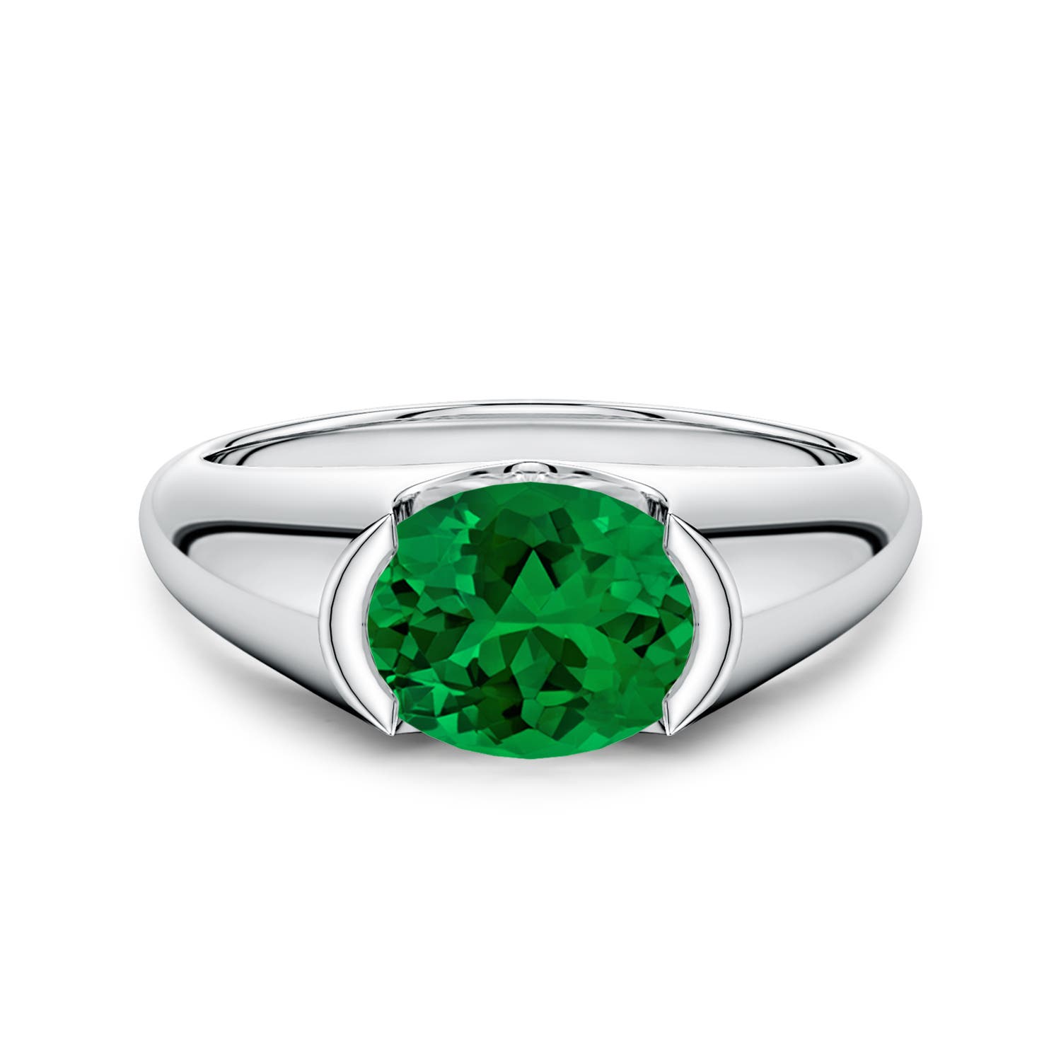 9x7mm Labgrown Semi Bezel-Set Oval Lab-Grown Emerald Signet Engagement Ring in White Gold - main