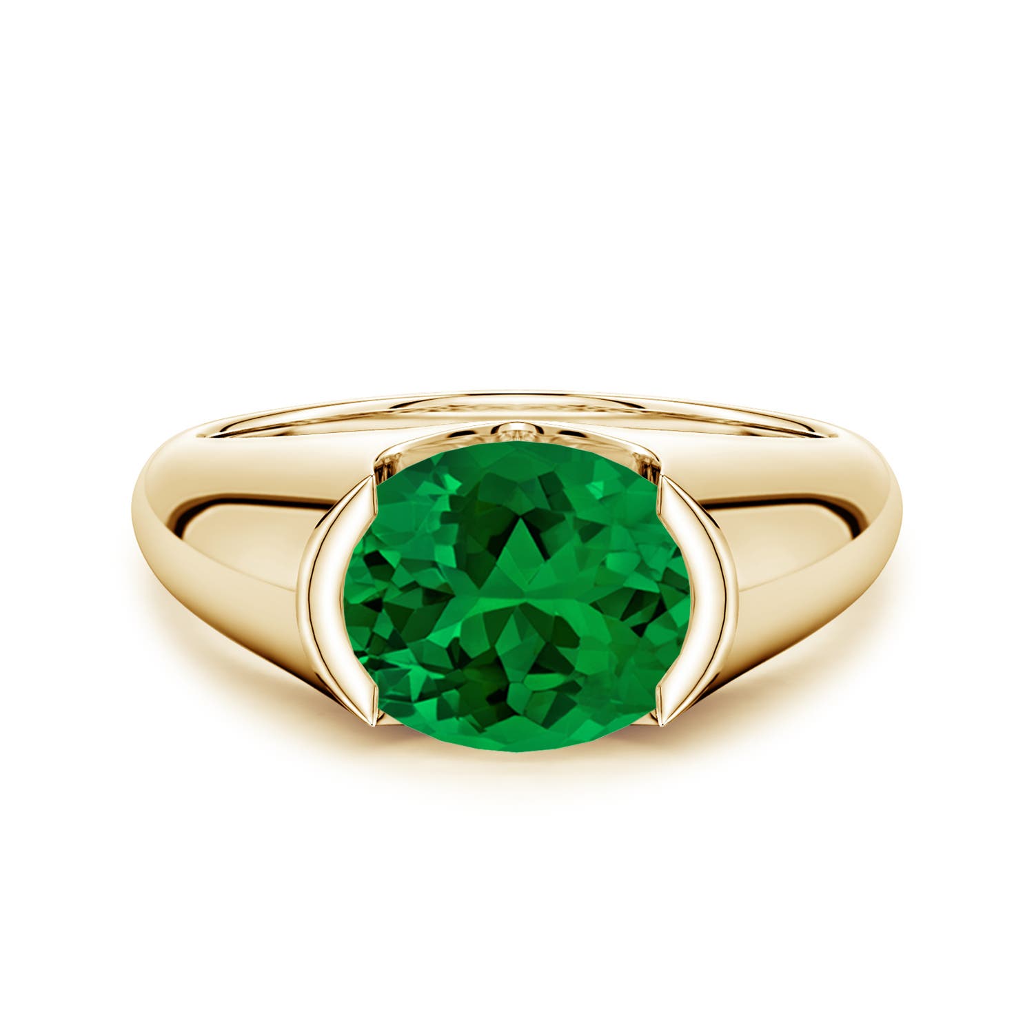 10x8mm Labgrown Semi Bezel-Set Oval Lab-Grown Emerald Signet Engagement Ring in 18K Yellow Gold - main