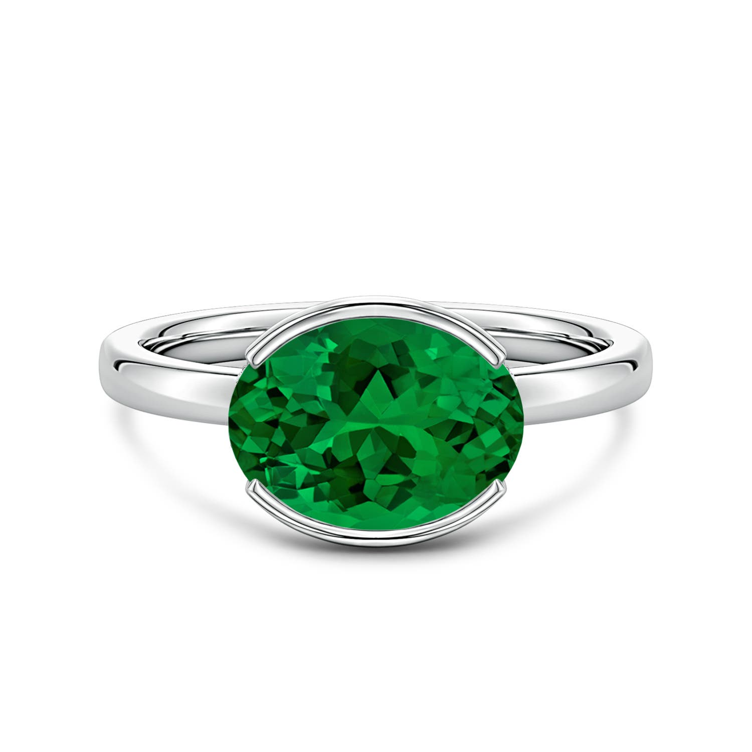 10x8mm Labgrown Semi Bezel-Set Oval Lab-Grown Emerald Hidden Halo Engagement Ring in White Gold - main