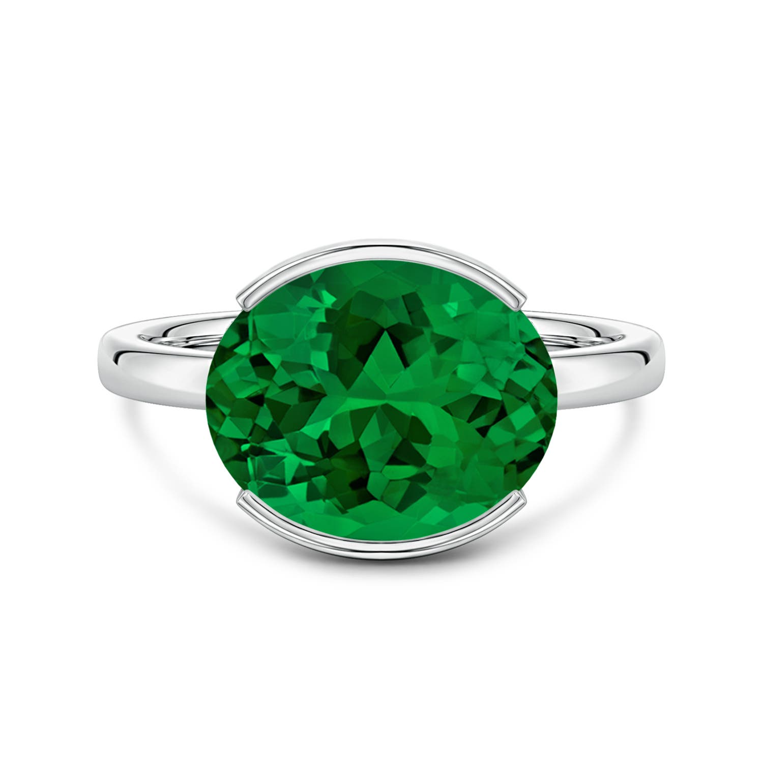 12x10mm Labgrown Semi Bezel-Set Oval Lab-Grown Emerald Hidden Halo Engagement Ring in White Gold - main