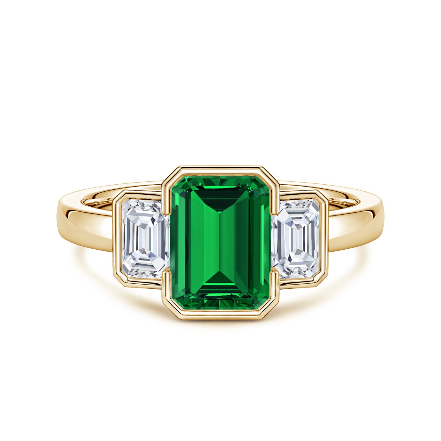 8x6mm Labgrown Lab-Grown Semi Bezel-Set Emerald-Cut Emerald and Diamond Three-Stone Engagement Ring in 18K Yellow Gold - main