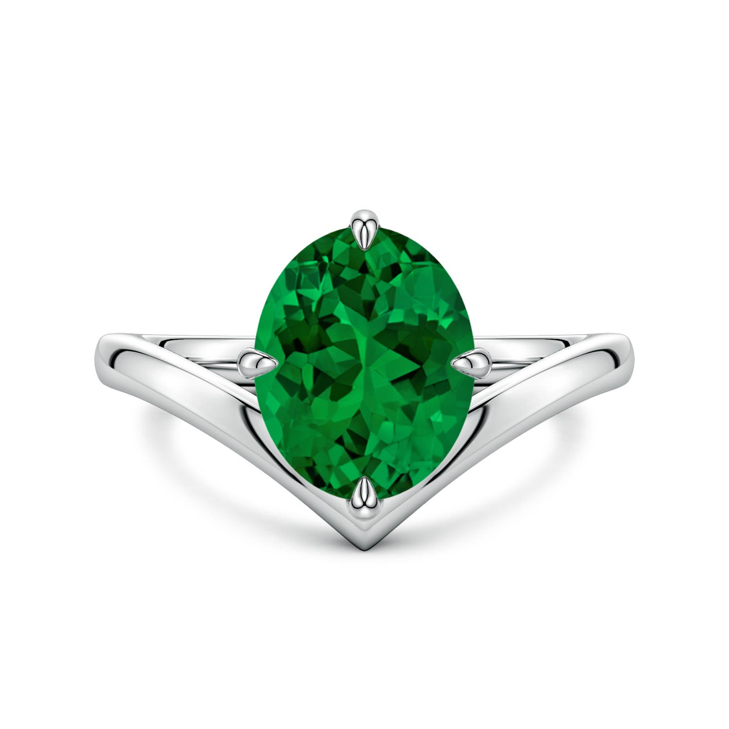 10x8mm Labgrown Solitaire Oval Lab-Grown Emerald V-Shaped Engagement Ring in White Gold - main