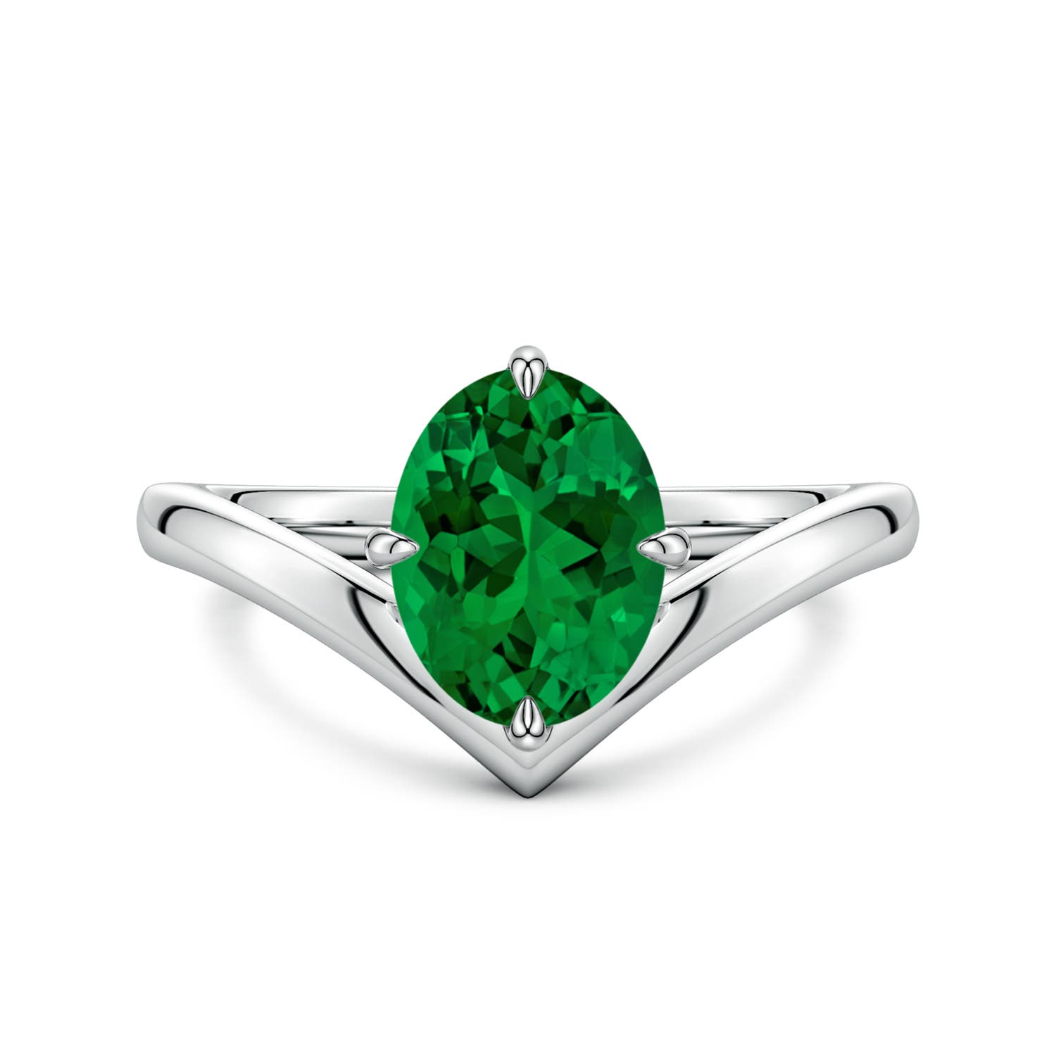 9x7mm Labgrown Solitaire Oval Lab-Grown Emerald V-Shaped Engagement Ring in White Gold - main