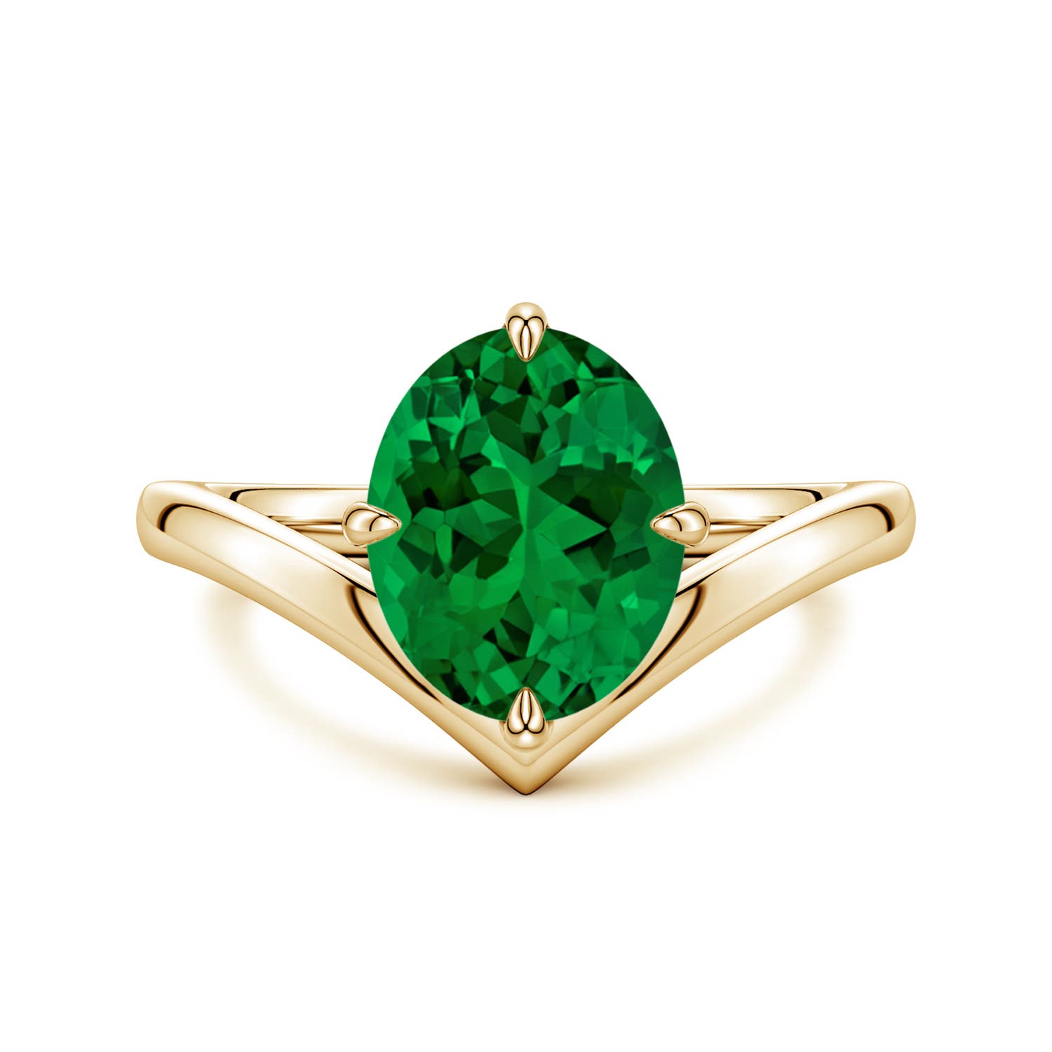 10x8mm Labgrown Solitaire Oval Lab-Grown Emerald V-Shaped Engagement Ring in 18K Yellow Gold - main