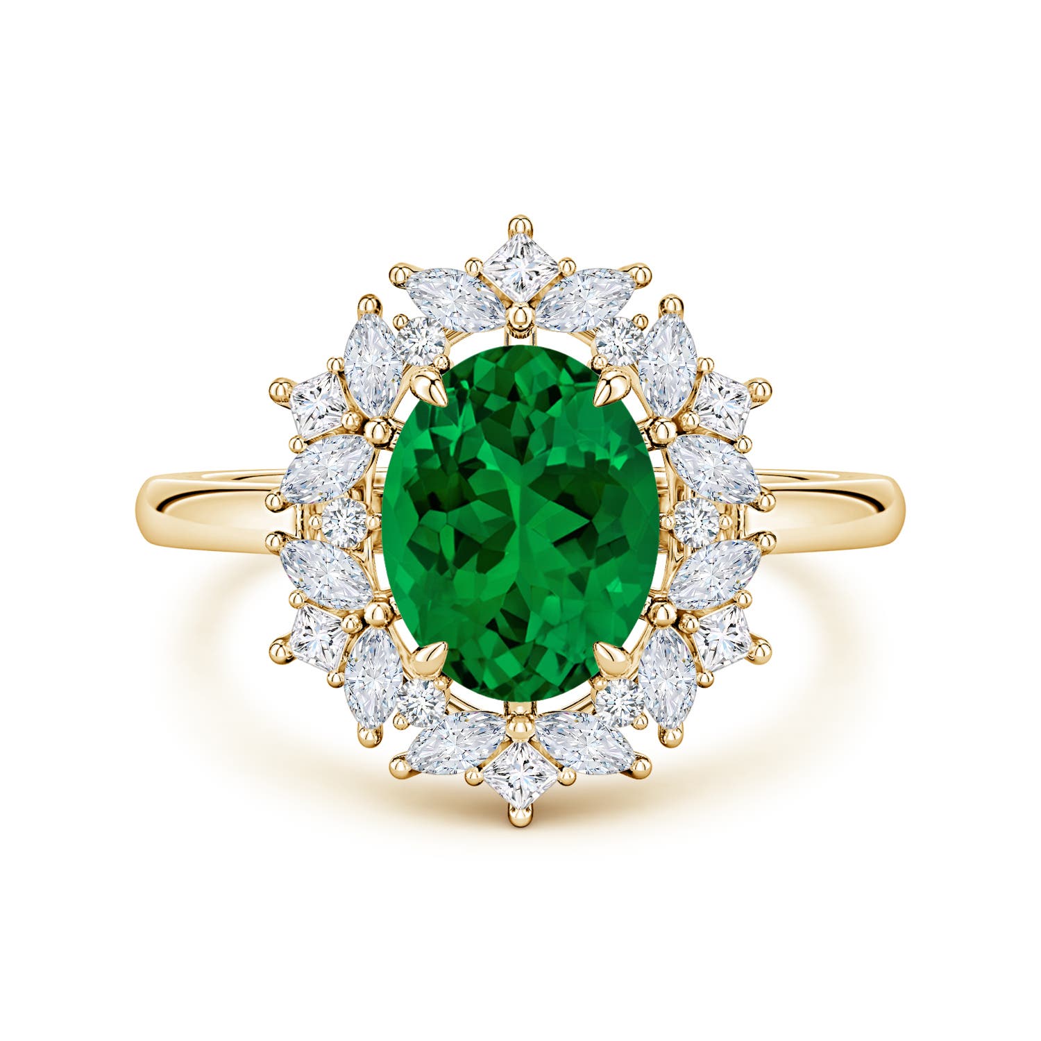 9x7mm Labgrown Oval Lab-Grown Emerald Multi-Shape Ornate Halo Engagement Ring in 18K Yellow Gold - main